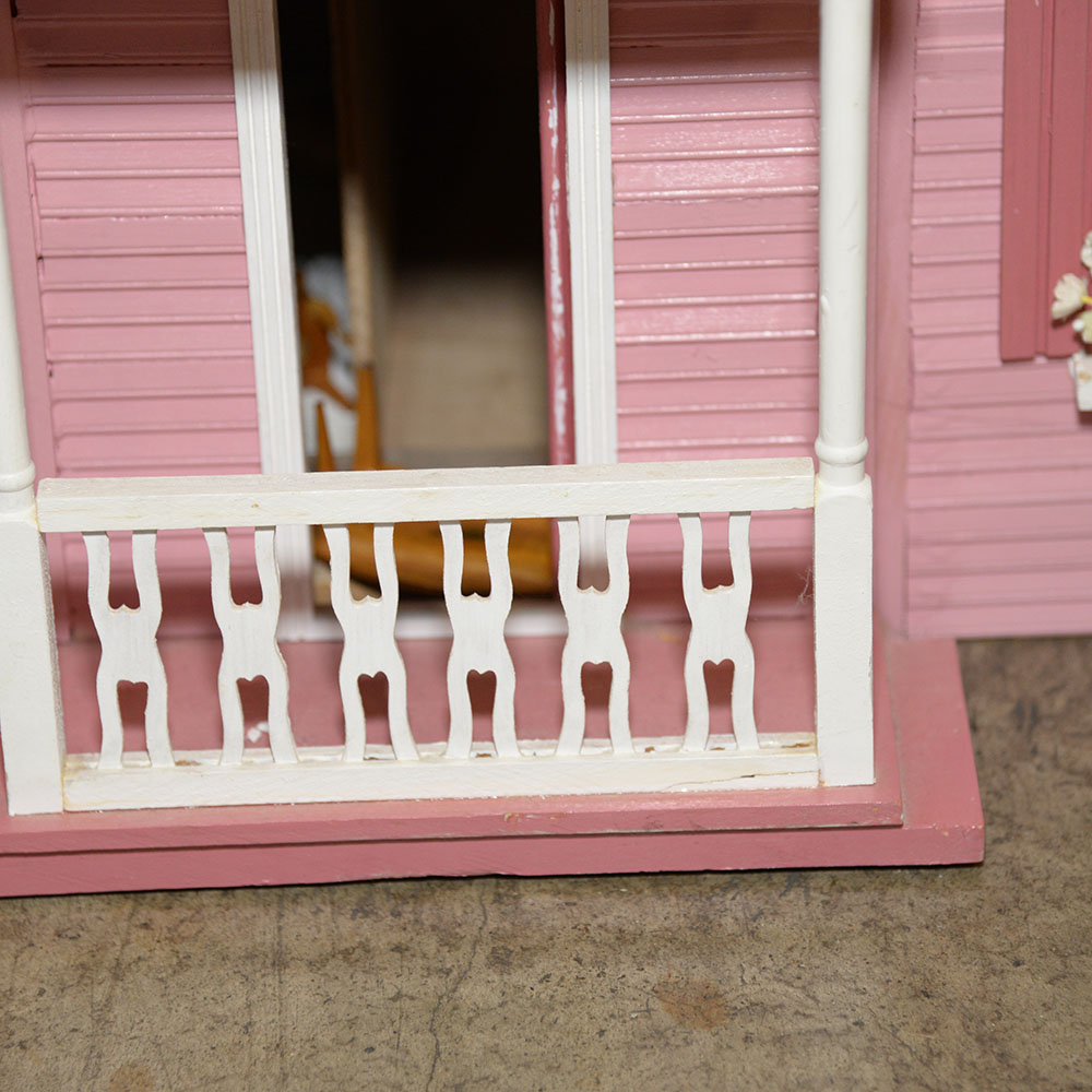 Handmade Three-Story Pink Wooden Dollhouse With Miniature Furniture