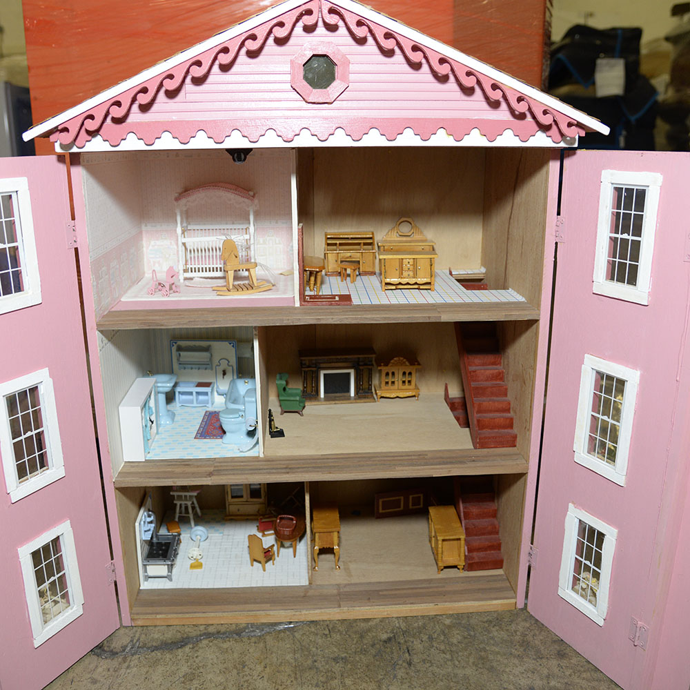 Handmade Three-Story Pink Wooden Dollhouse With Miniature Furniture