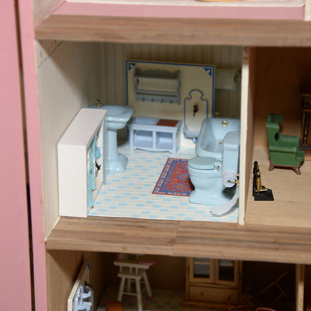 Handmade Three-Story Pink Wooden Dollhouse With Miniature Furniture