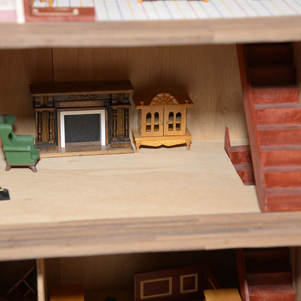 Handmade Three-Story Pink Wooden Dollhouse With Miniature Furniture