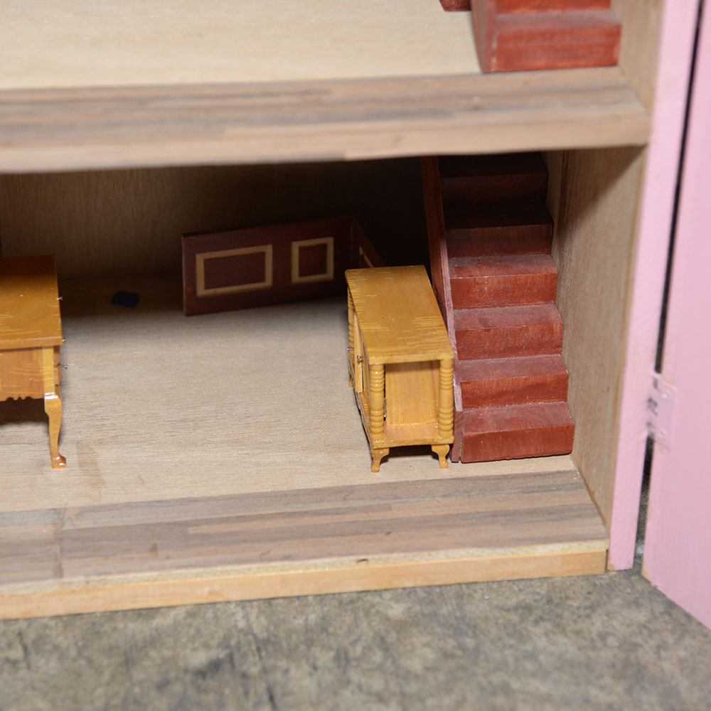 Handmade Three-Story Pink Wooden Dollhouse With Miniature Furniture