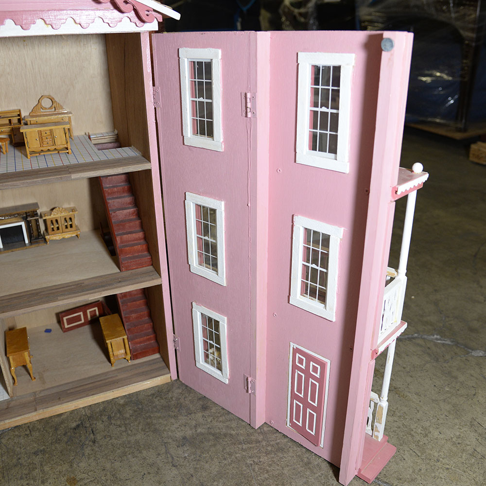 Handmade Three-Story Pink Wooden Dollhouse With Miniature Furniture