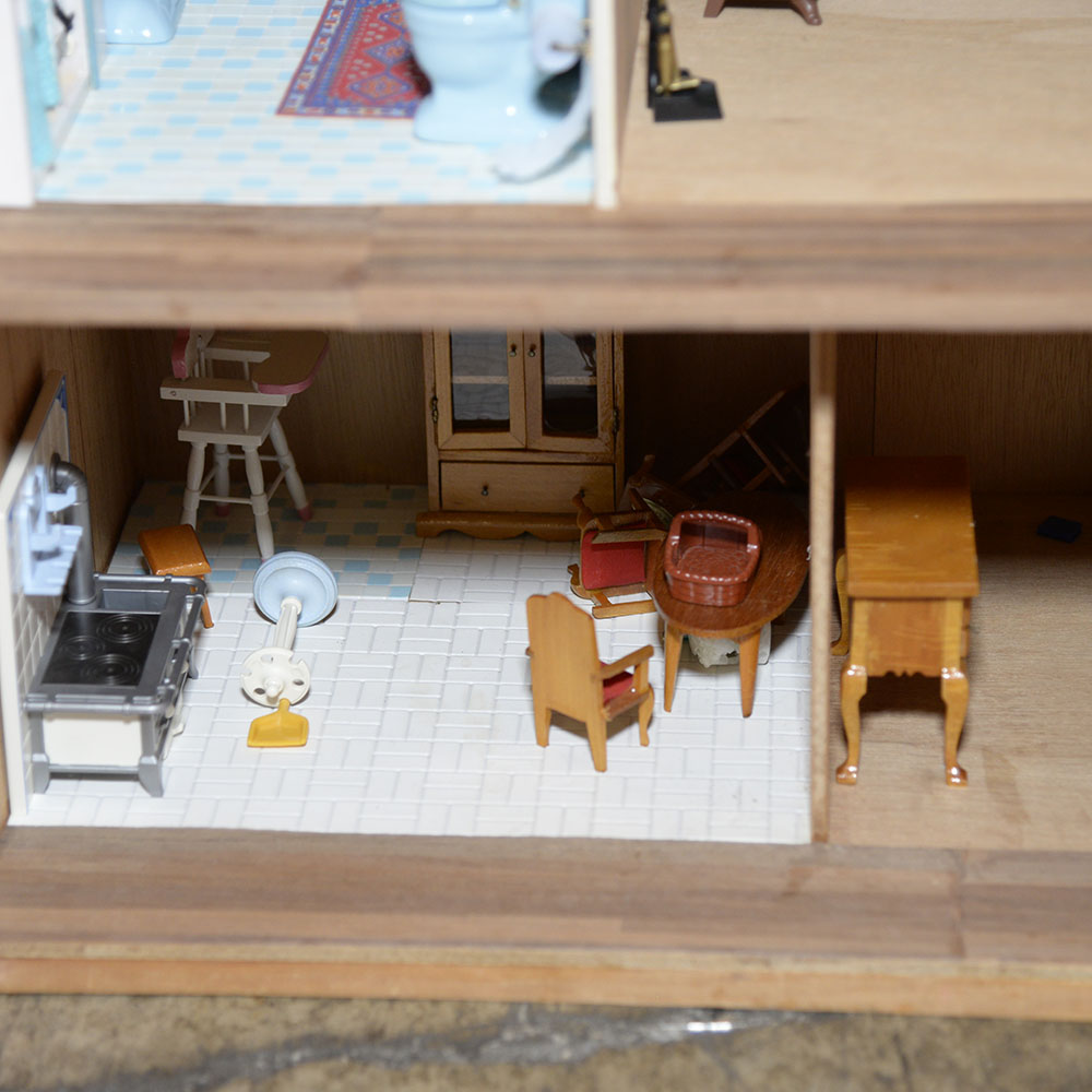 Handmade Three-Story Pink Wooden Dollhouse With Miniature Furniture