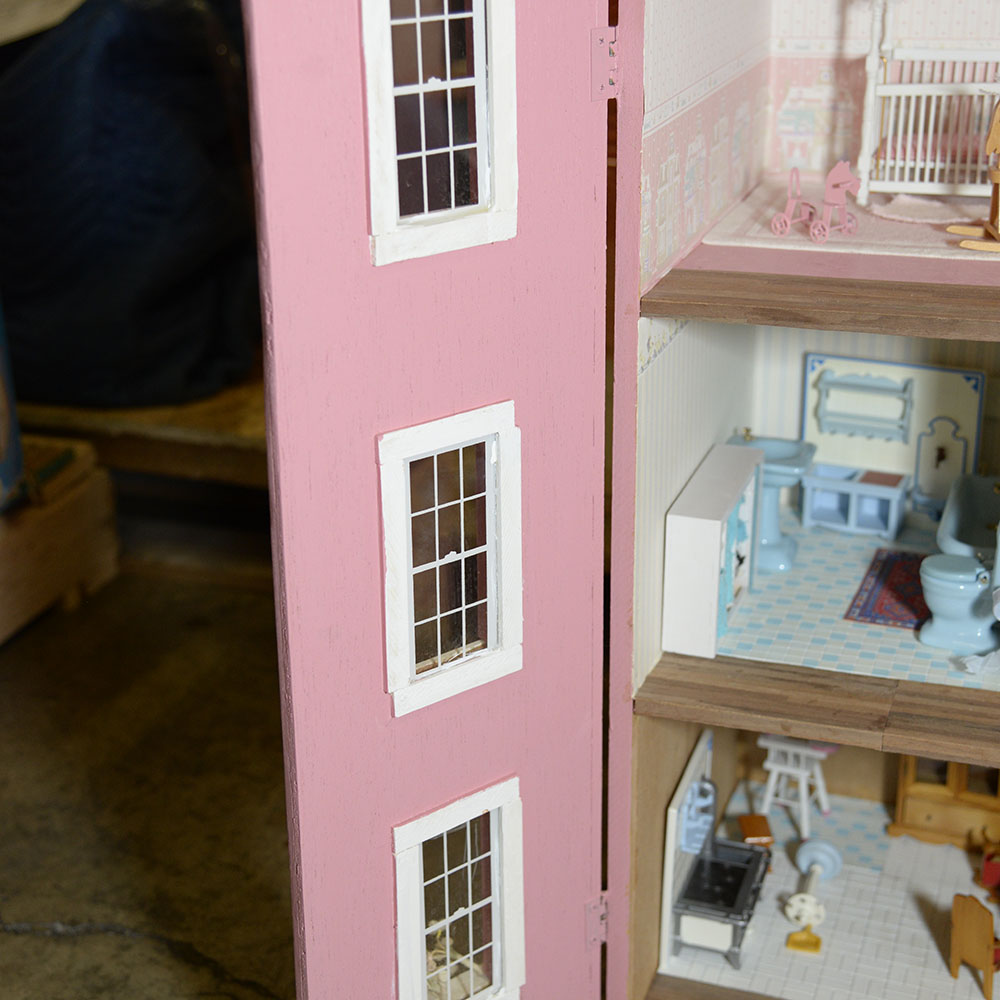 Handmade Three-Story Pink Wooden Dollhouse With Miniature Furniture