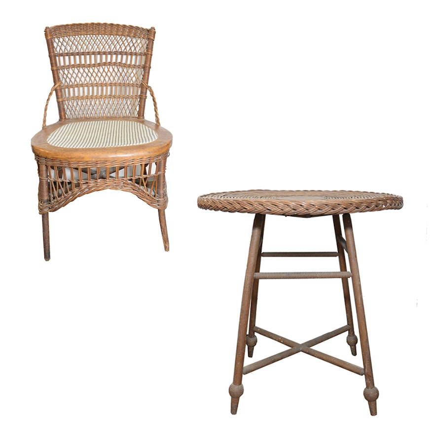 Antique Edwardian Wicker Table and Antique Chair