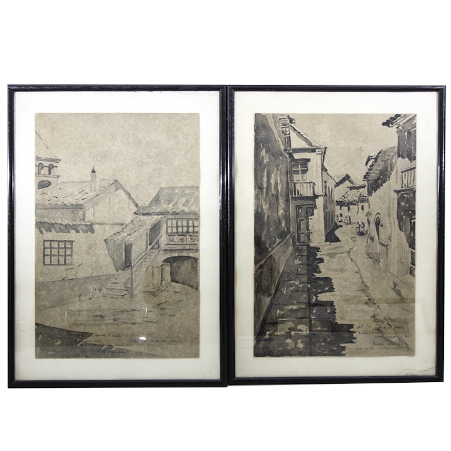 Pair of Vintage Watercolor on Paper Paintings Depicting Potosi, Bolivia