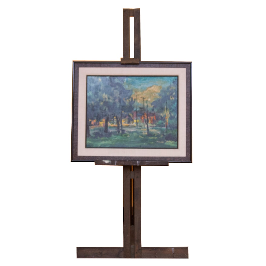 Von Volbraith Framed Original Landscape Painting with Vintage Wooden Easel