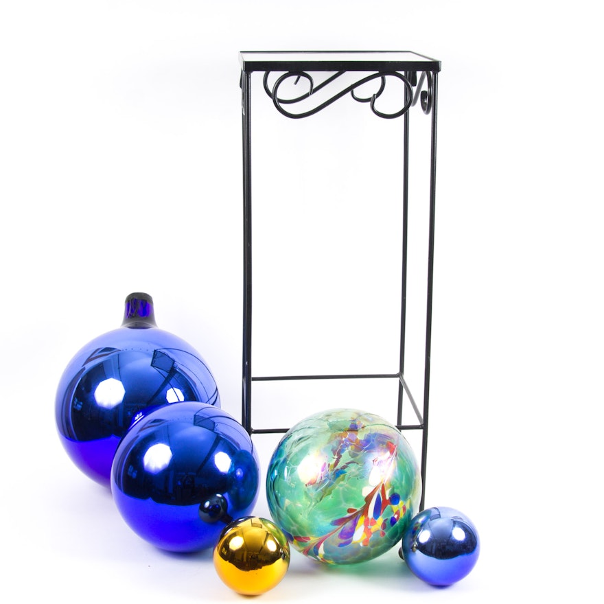 Colorful Glass Gazing Ball Set with Marble Top Planter Stand