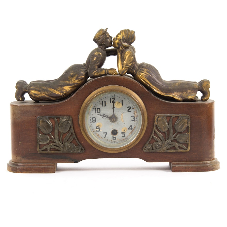 Vintage Wood and Metal Figurine Mantel Clock