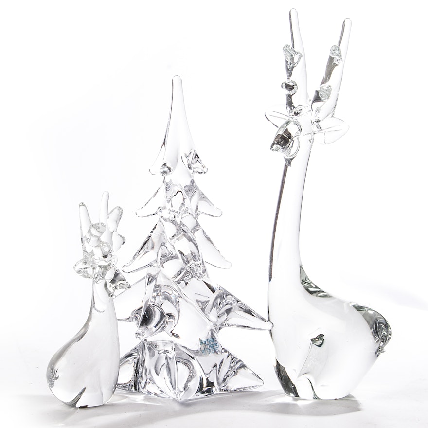Vintage Reindeer and Christmas Tree Lead Crystal Figurines