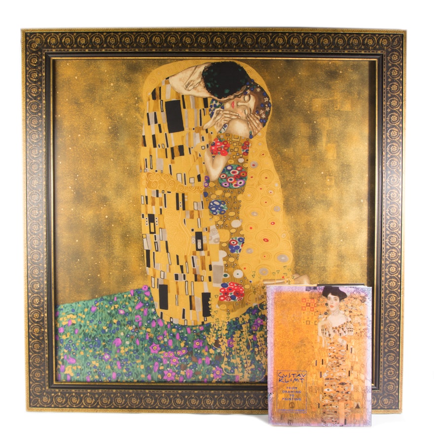 Framed After Gustav Klimt "The Kiss" Silk Scarf and Art Book