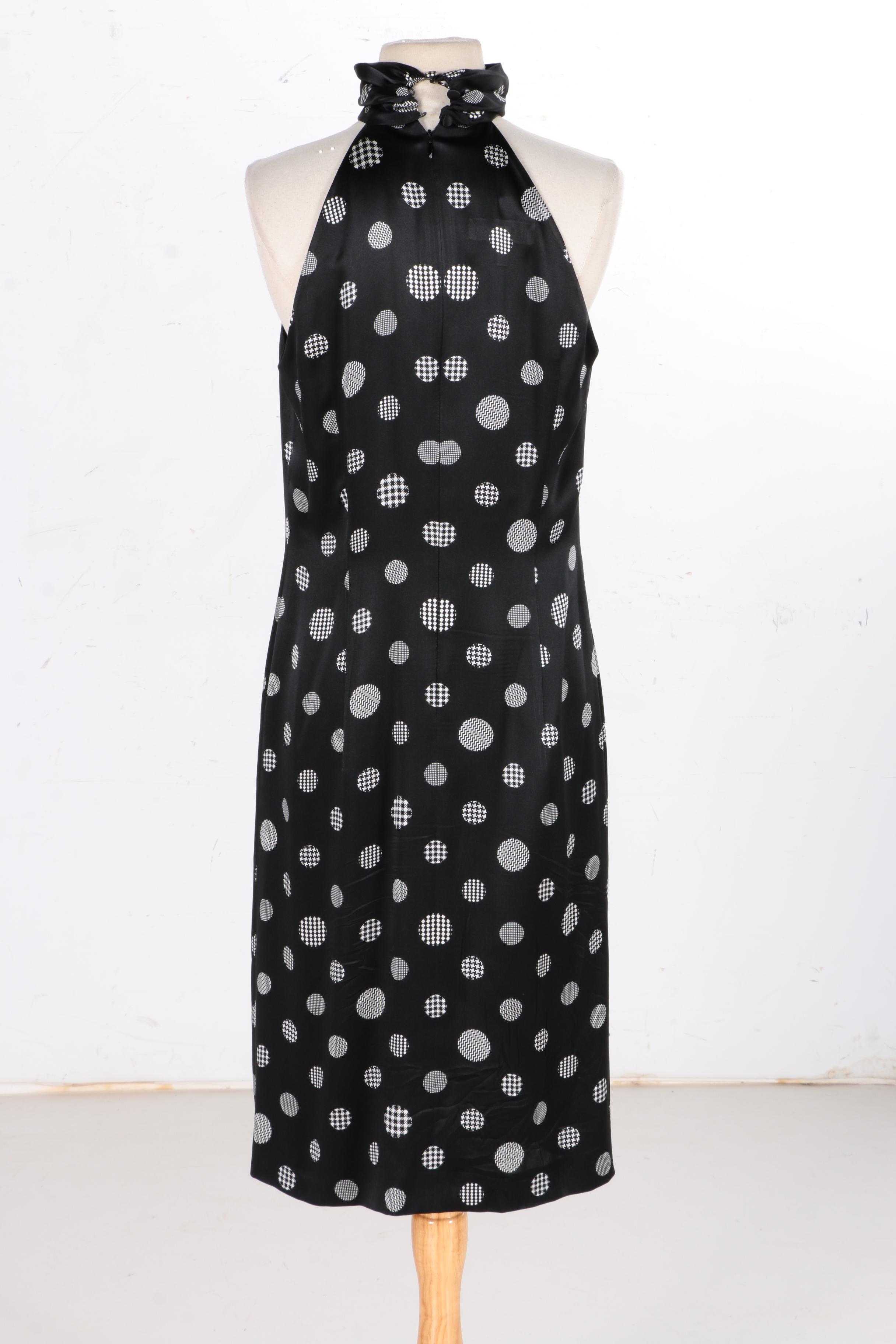 Escada Sleevless Silk Polka-Dot Dress with Ruched Collar