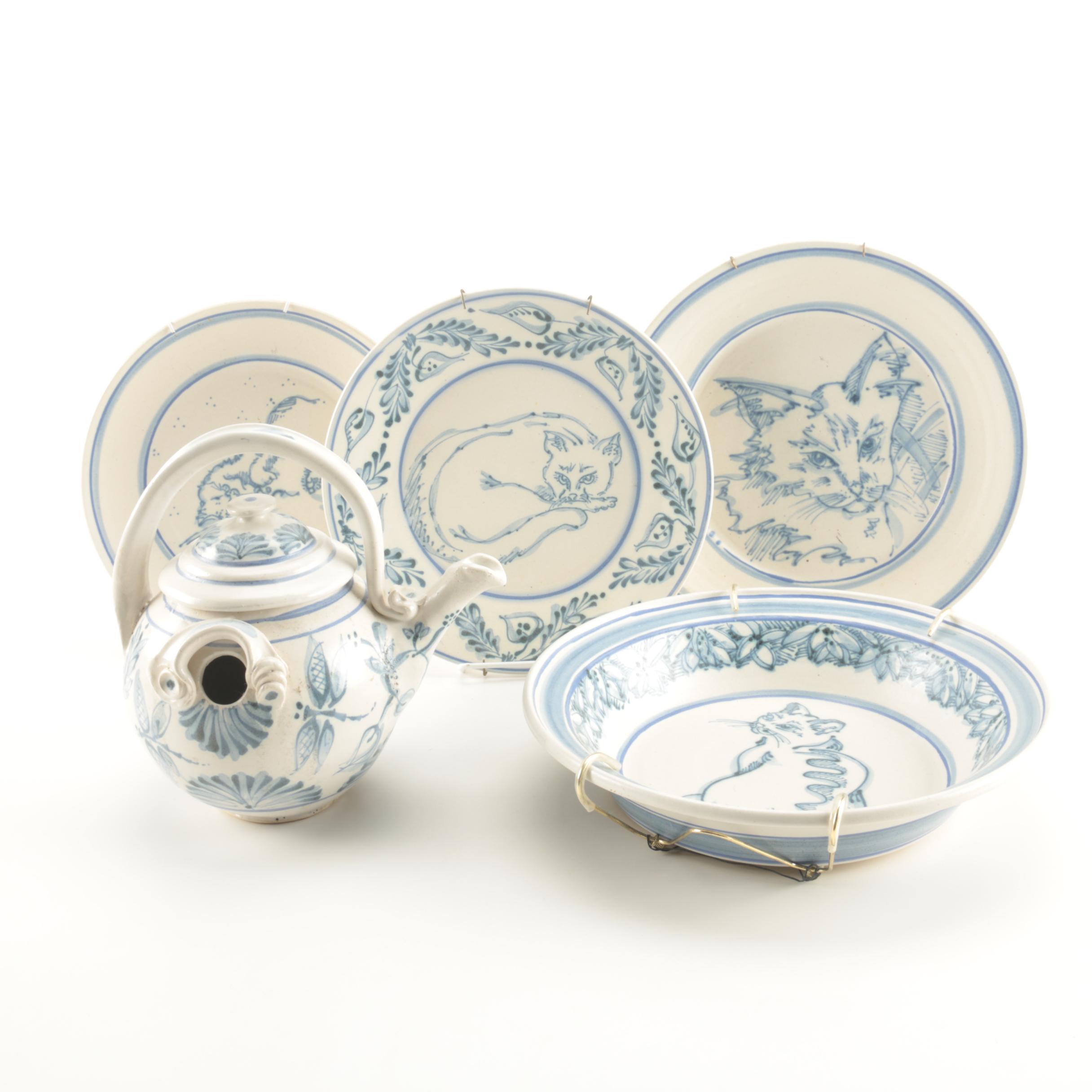 Blue and White Cat Themed Decorative Pottery by Davis