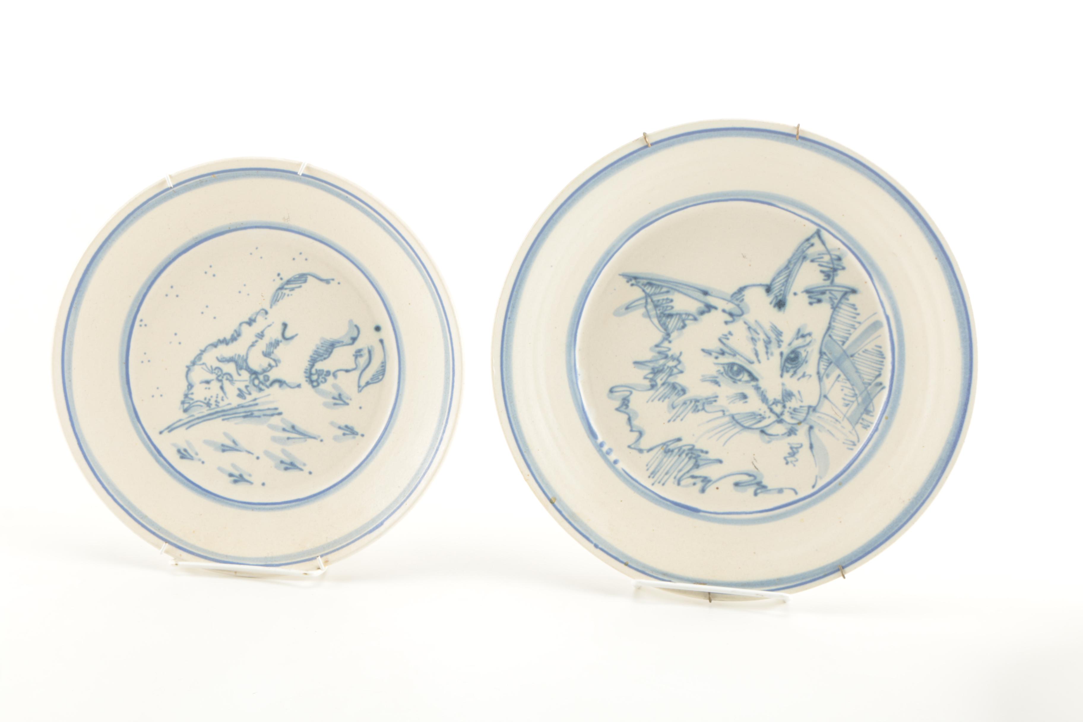 Blue and White Cat Themed Decorative Pottery by Davis