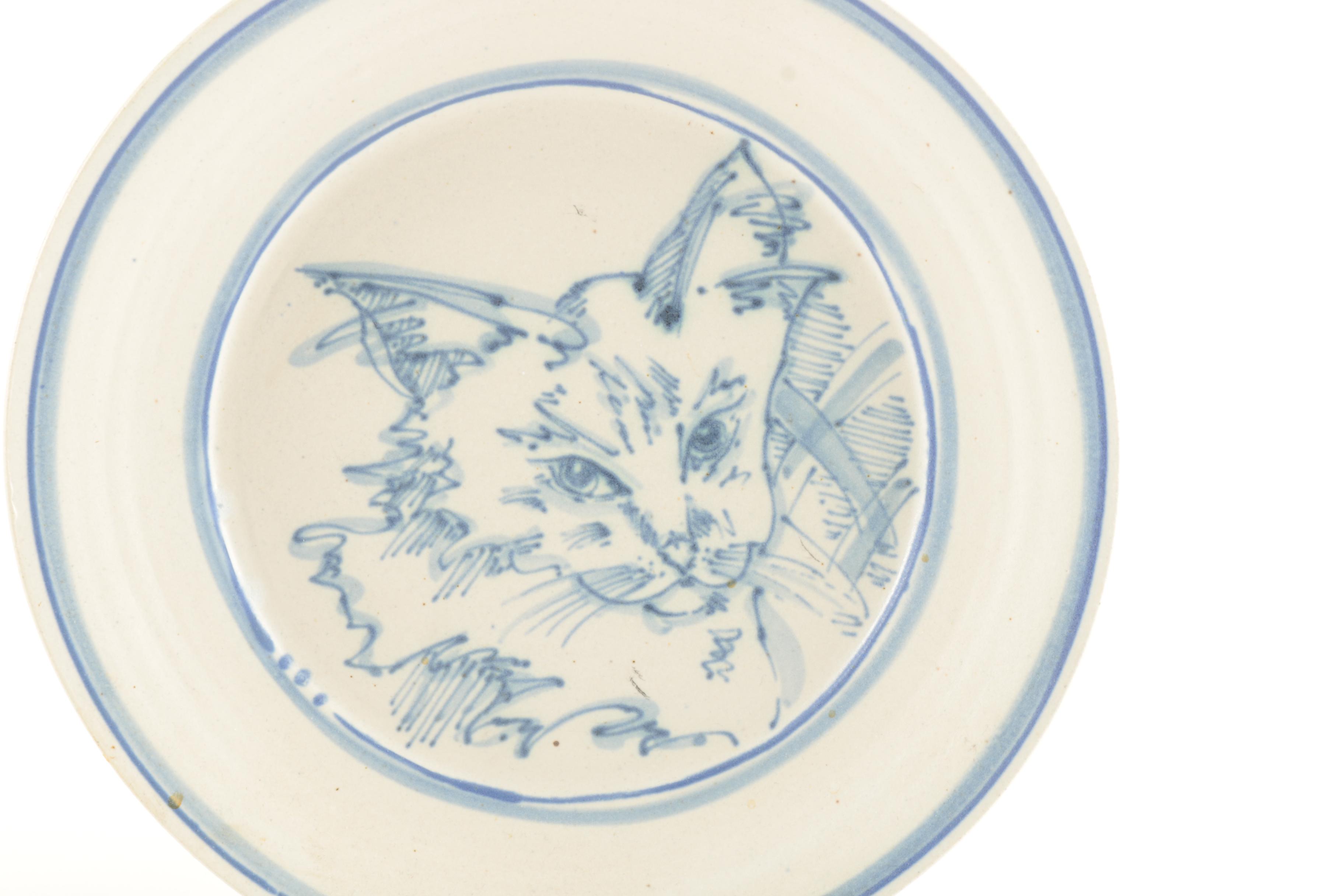 Blue and White Cat Themed Decorative Pottery by Davis