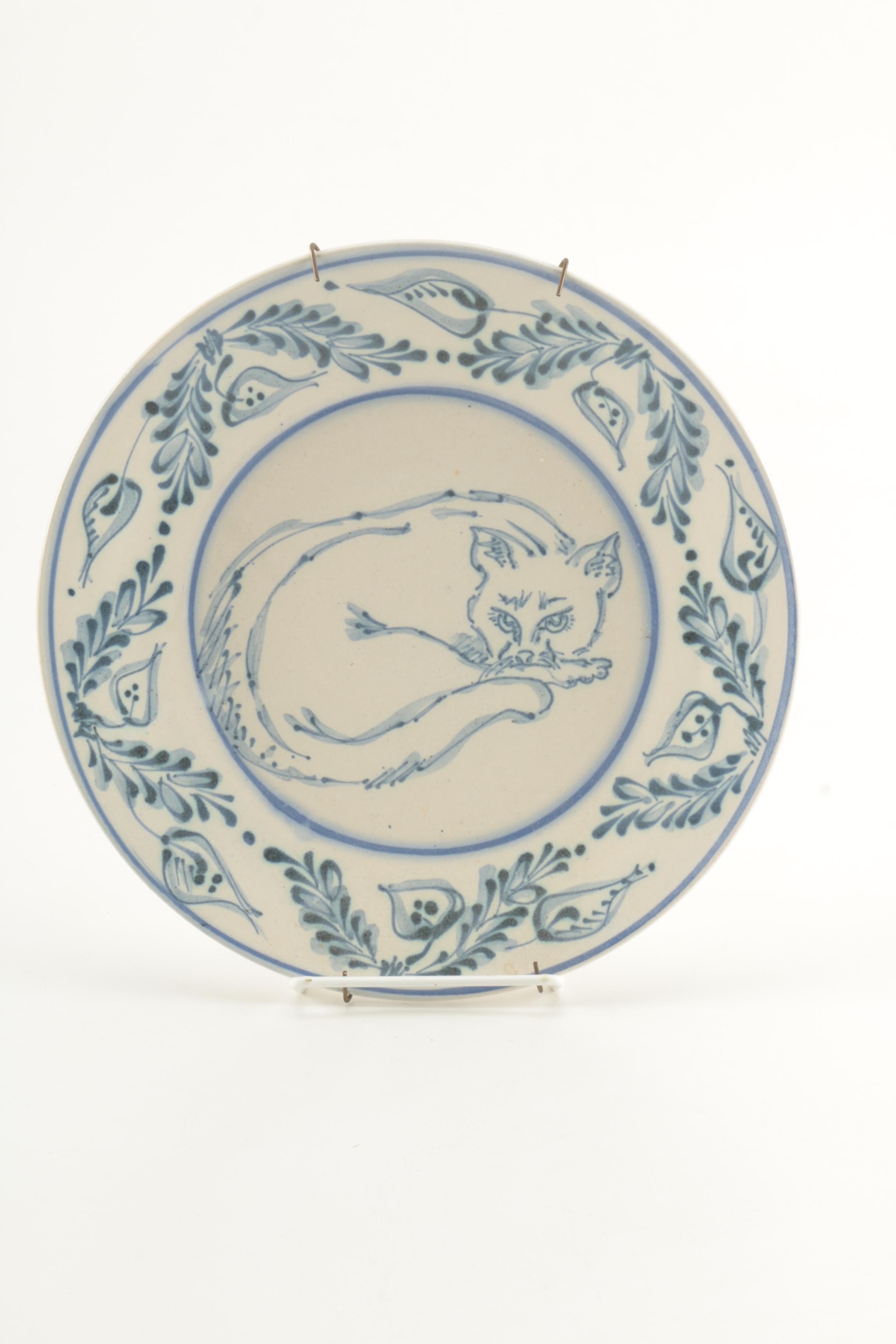 Blue and White Cat Themed Decorative Pottery by Davis