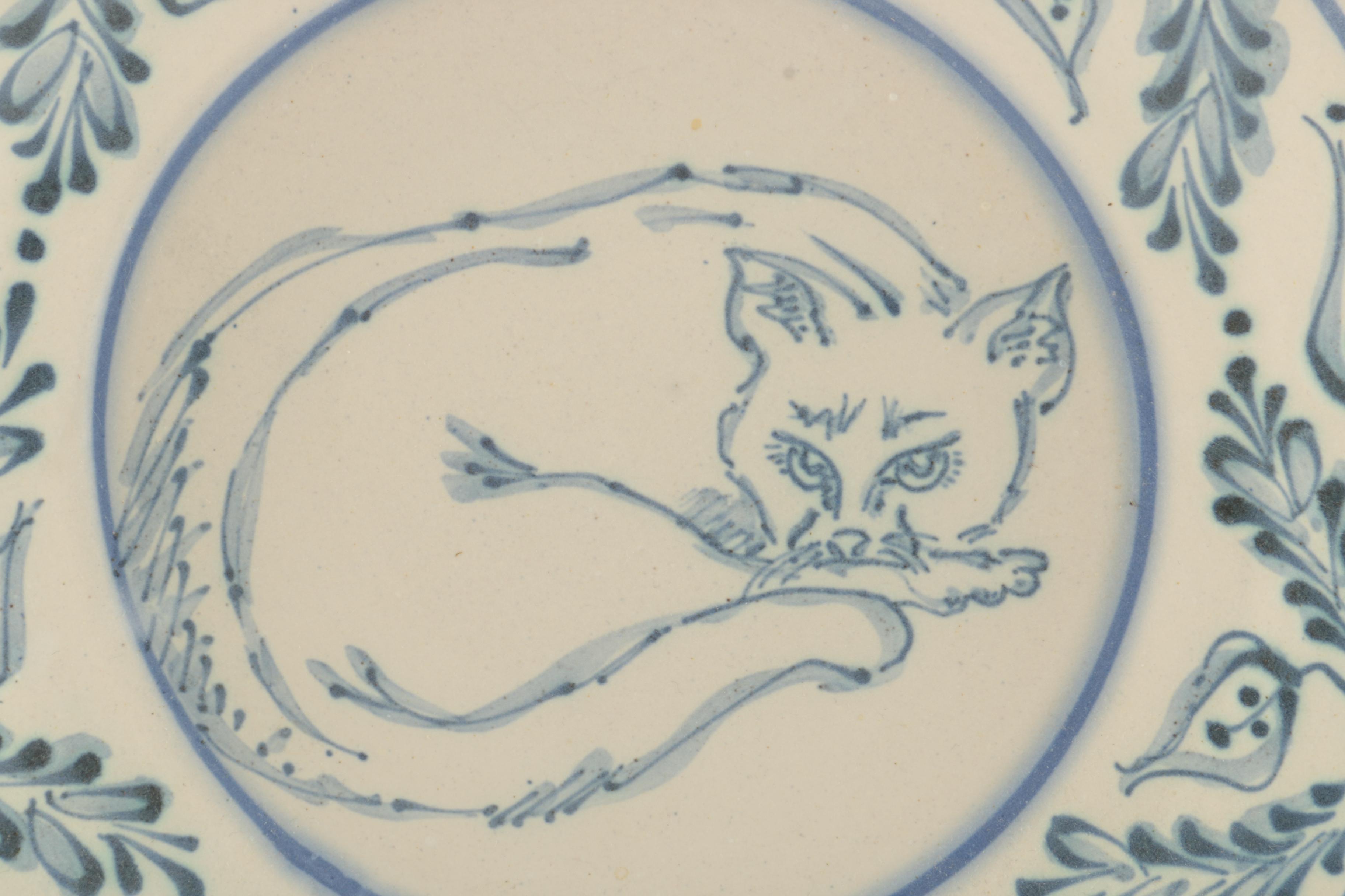 Blue and White Cat Themed Decorative Pottery by Davis