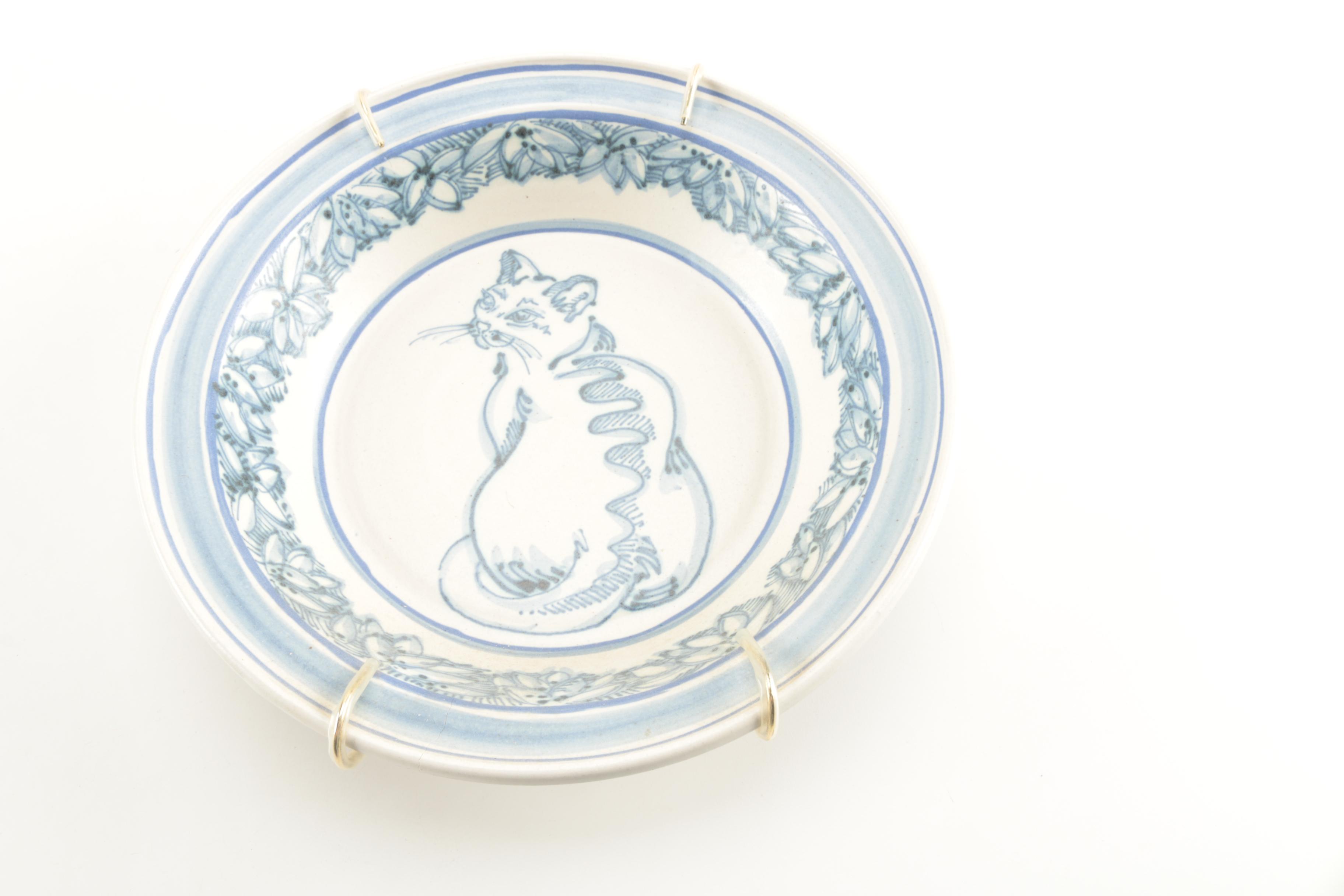 Blue and White Cat Themed Decorative Pottery by Davis