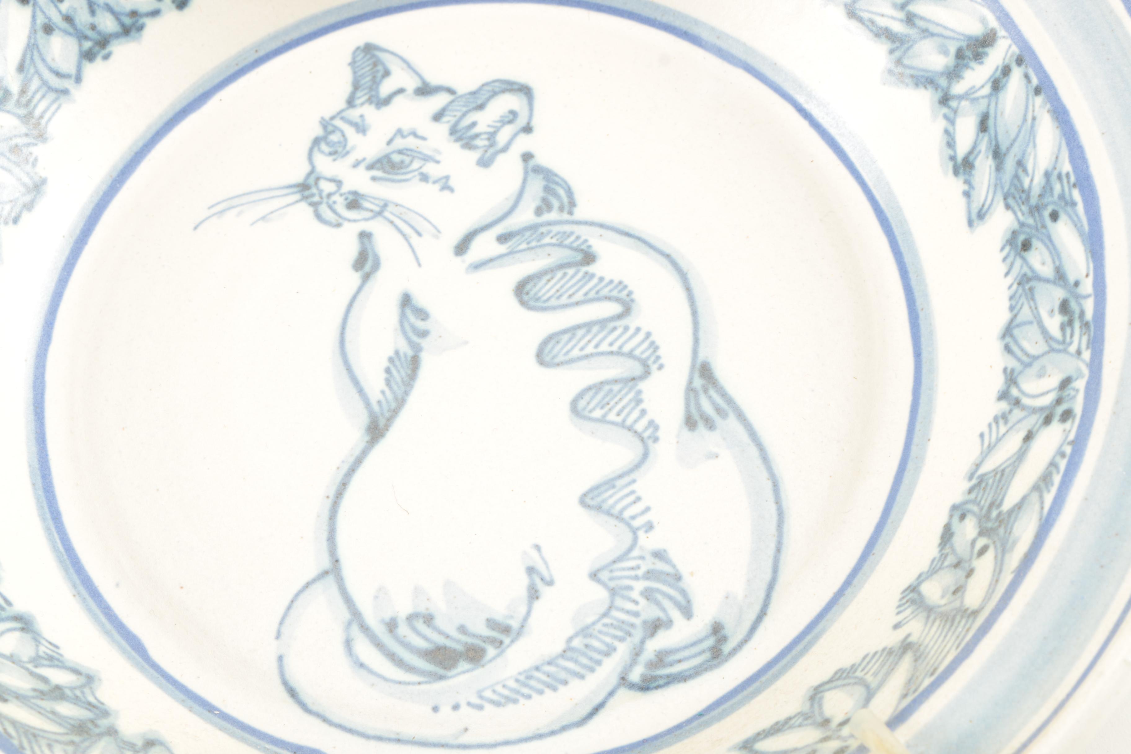 Blue and White Cat Themed Decorative Pottery by Davis