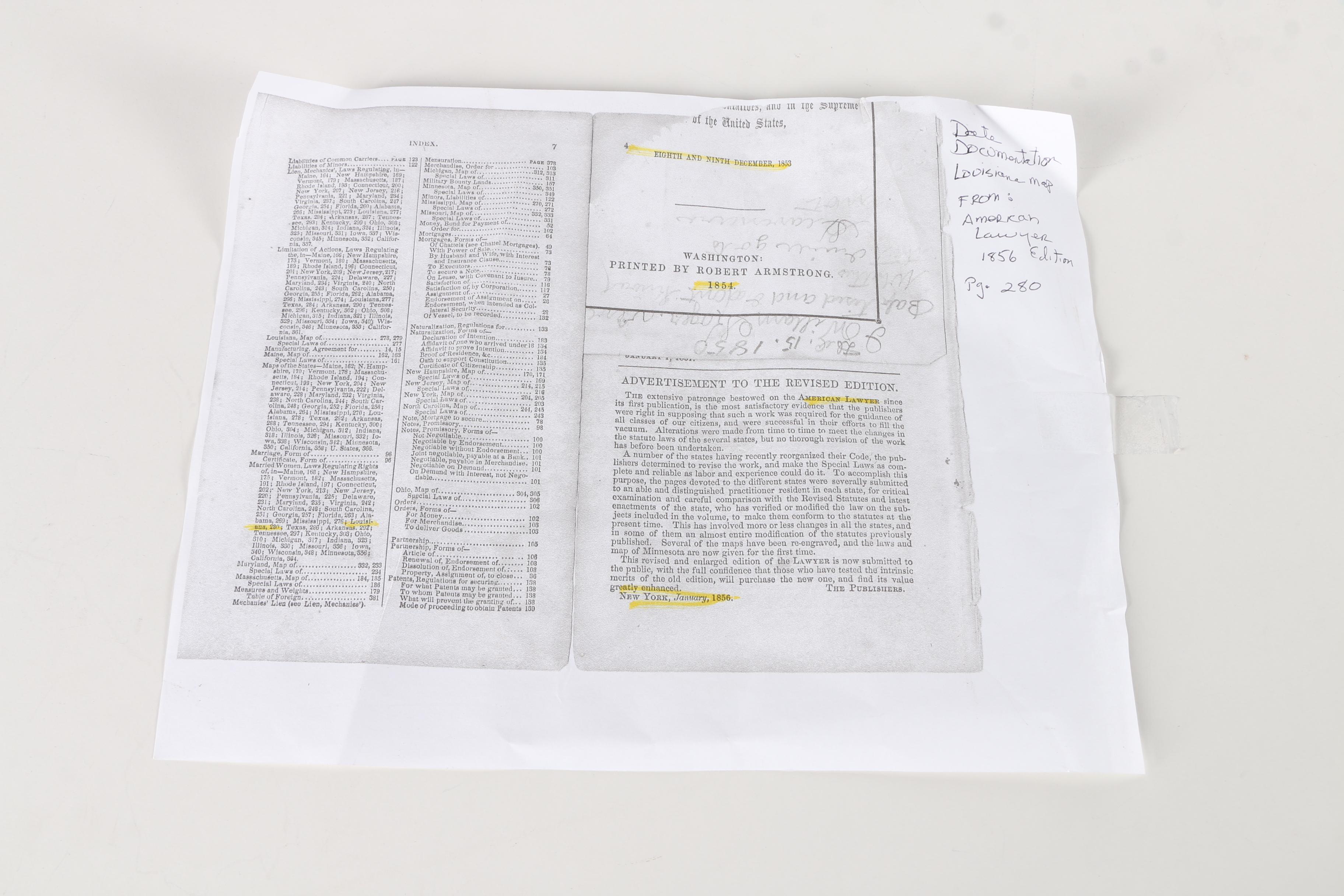 1856 Louisiana Map from "The American Lawyer"