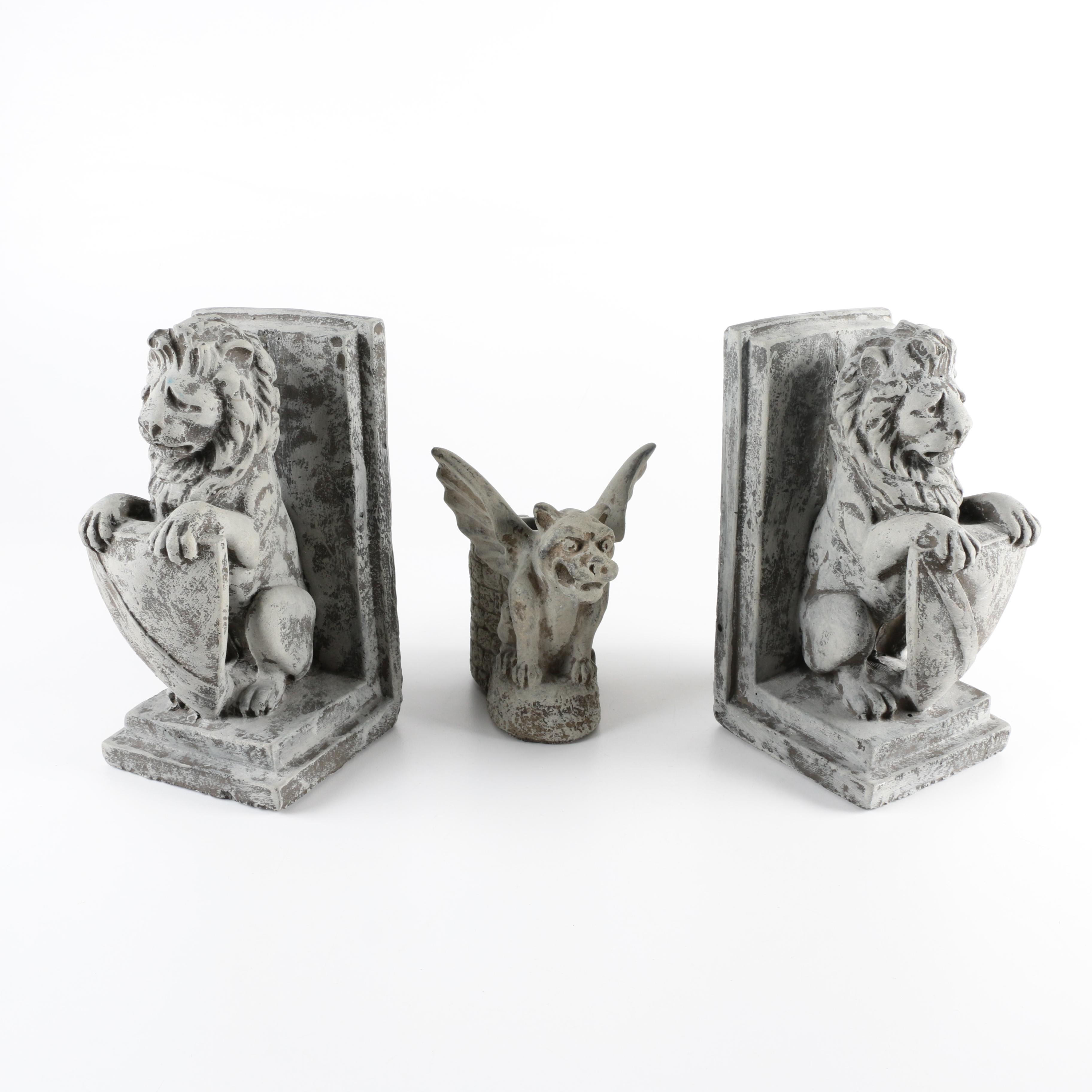 Resin Bookends of Heraldry Lions and a Gargoyle Candle Holder