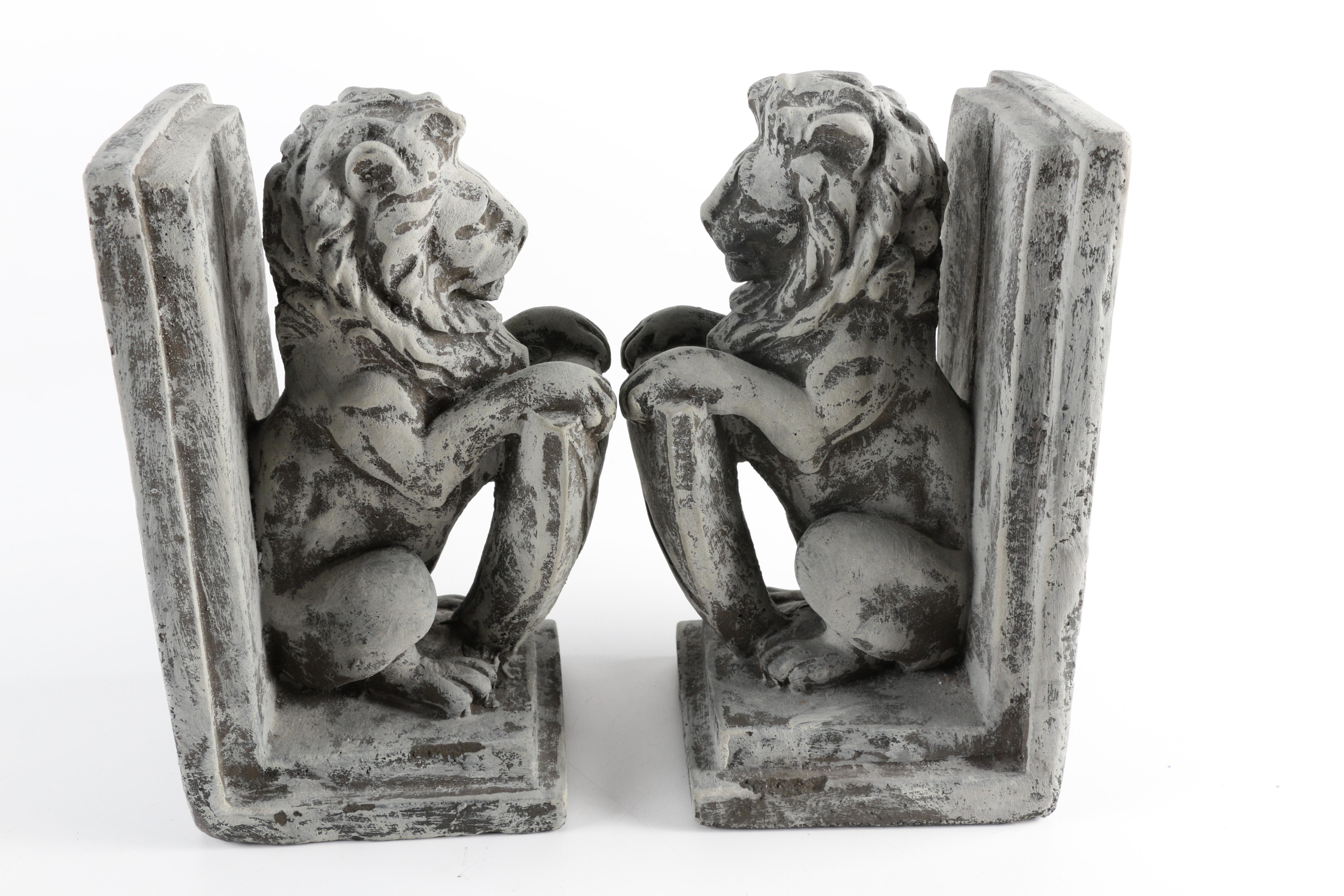 Resin Bookends of Heraldry Lions and a Gargoyle Candle Holder