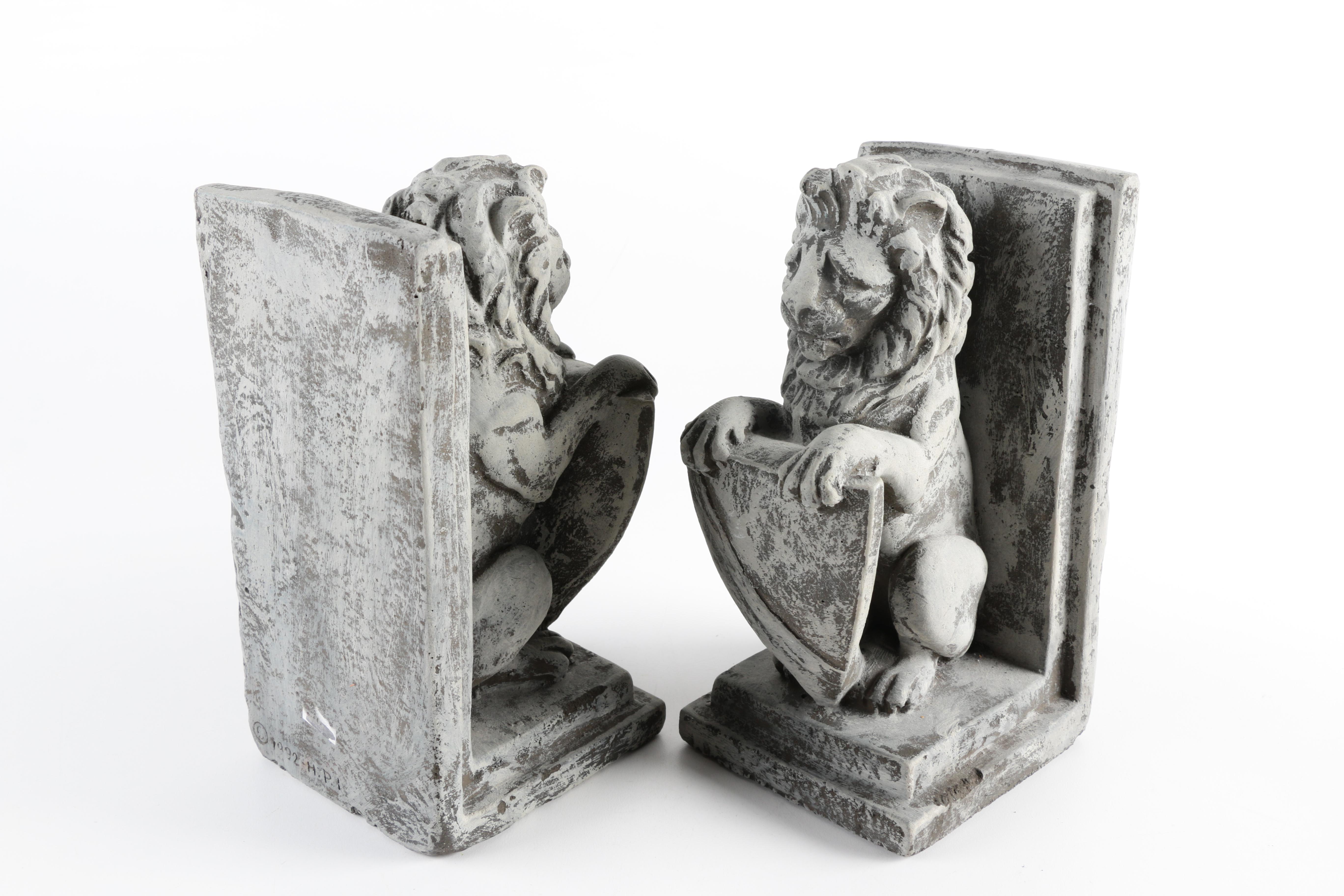 Resin Bookends of Heraldry Lions and a Gargoyle Candle Holder