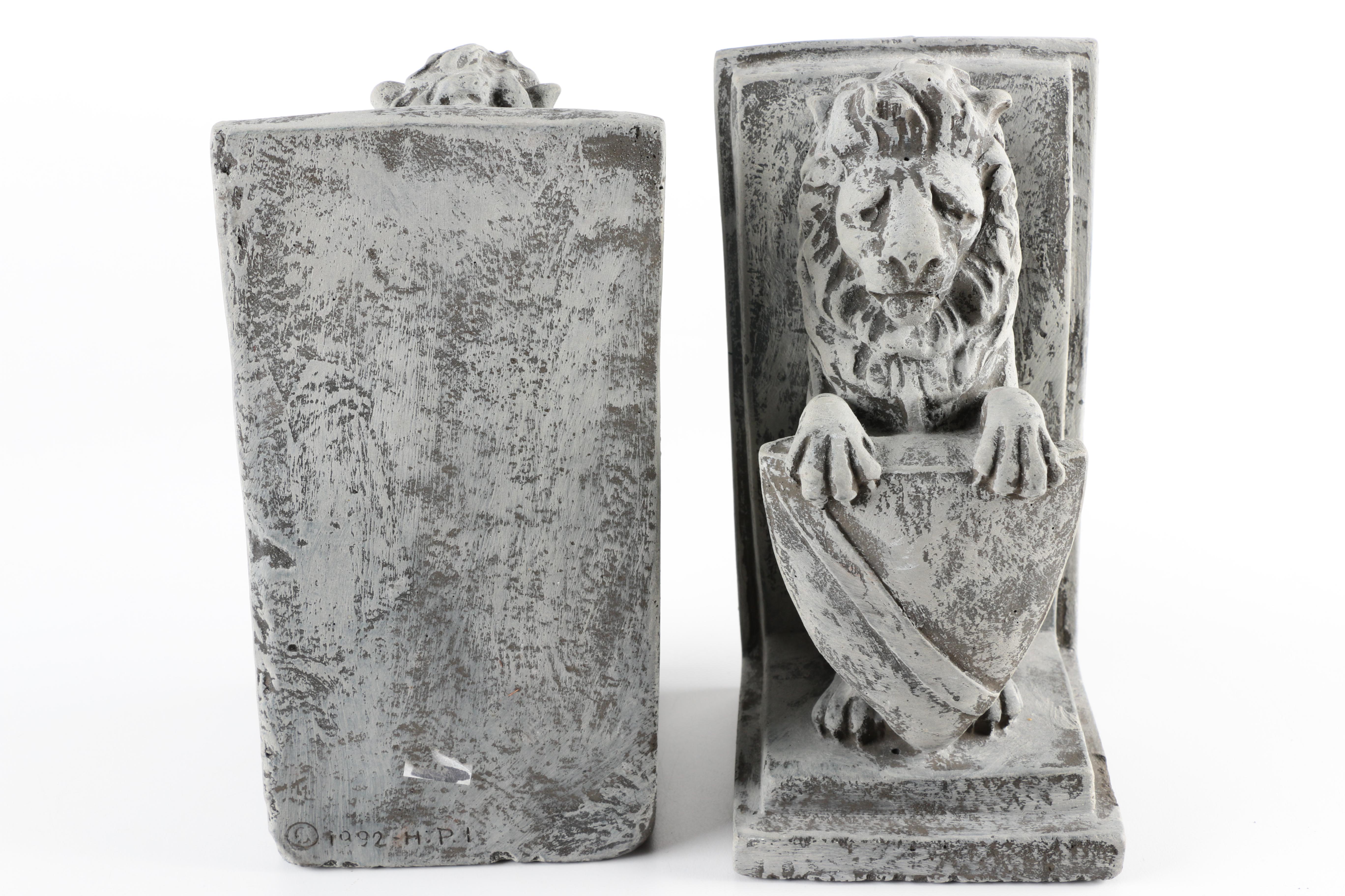 Resin Bookends of Heraldry Lions and a Gargoyle Candle Holder
