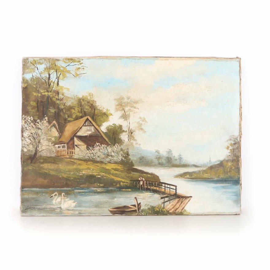 Lhuizig Oil Painting on Canvas of Cabin by Water