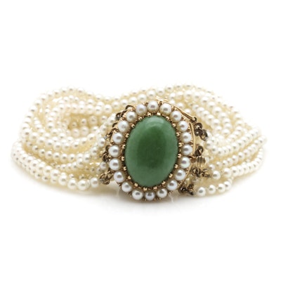 14K Yellow Gold Jadeite and Multi-Strand Cultured Pearl Bracelet 14K Yellow Gold Jadeite and Multi-Strand Cultured Pearl Bracelet