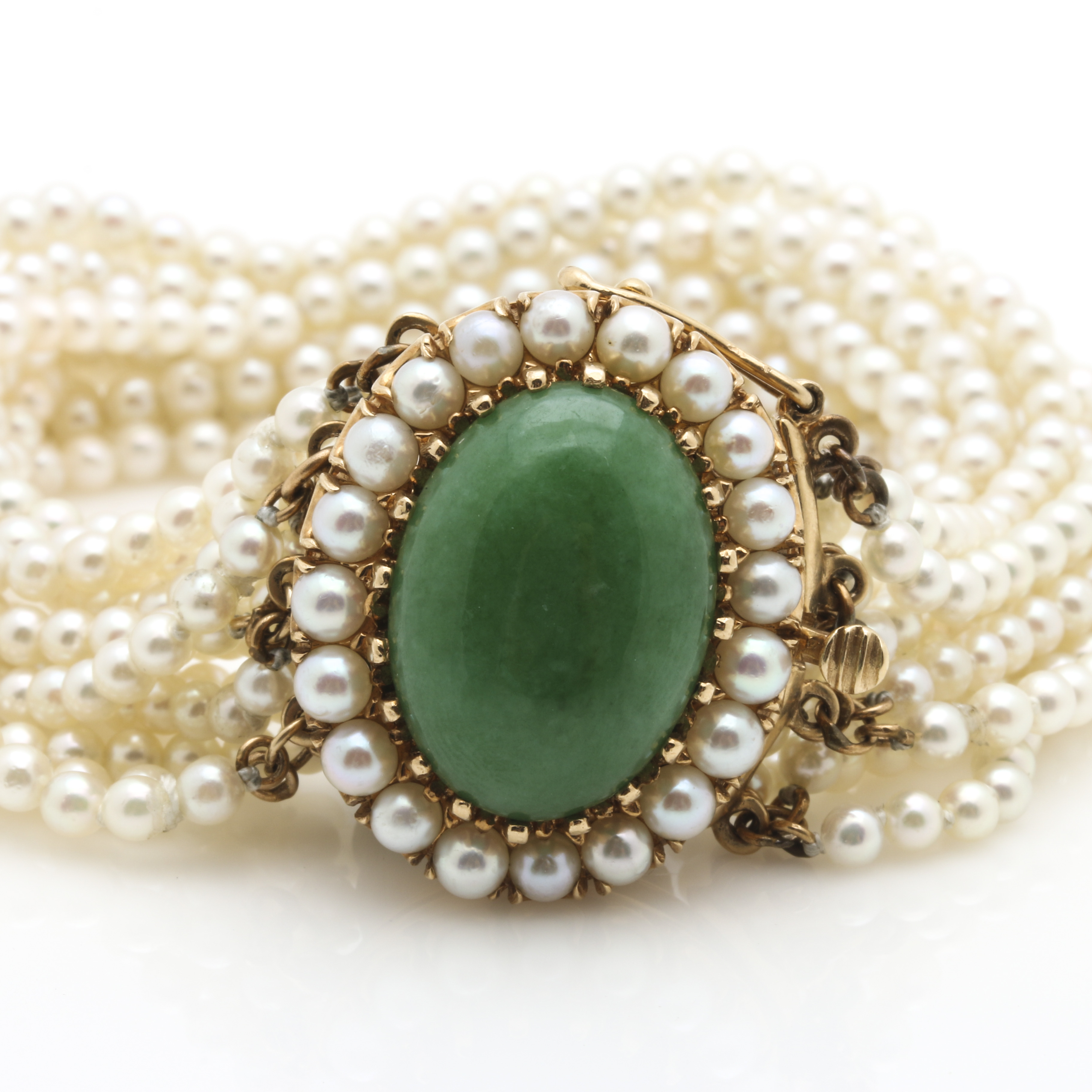 14K Yellow Gold Jadeite and Multi-Strand Cultured Pearl Bracelet