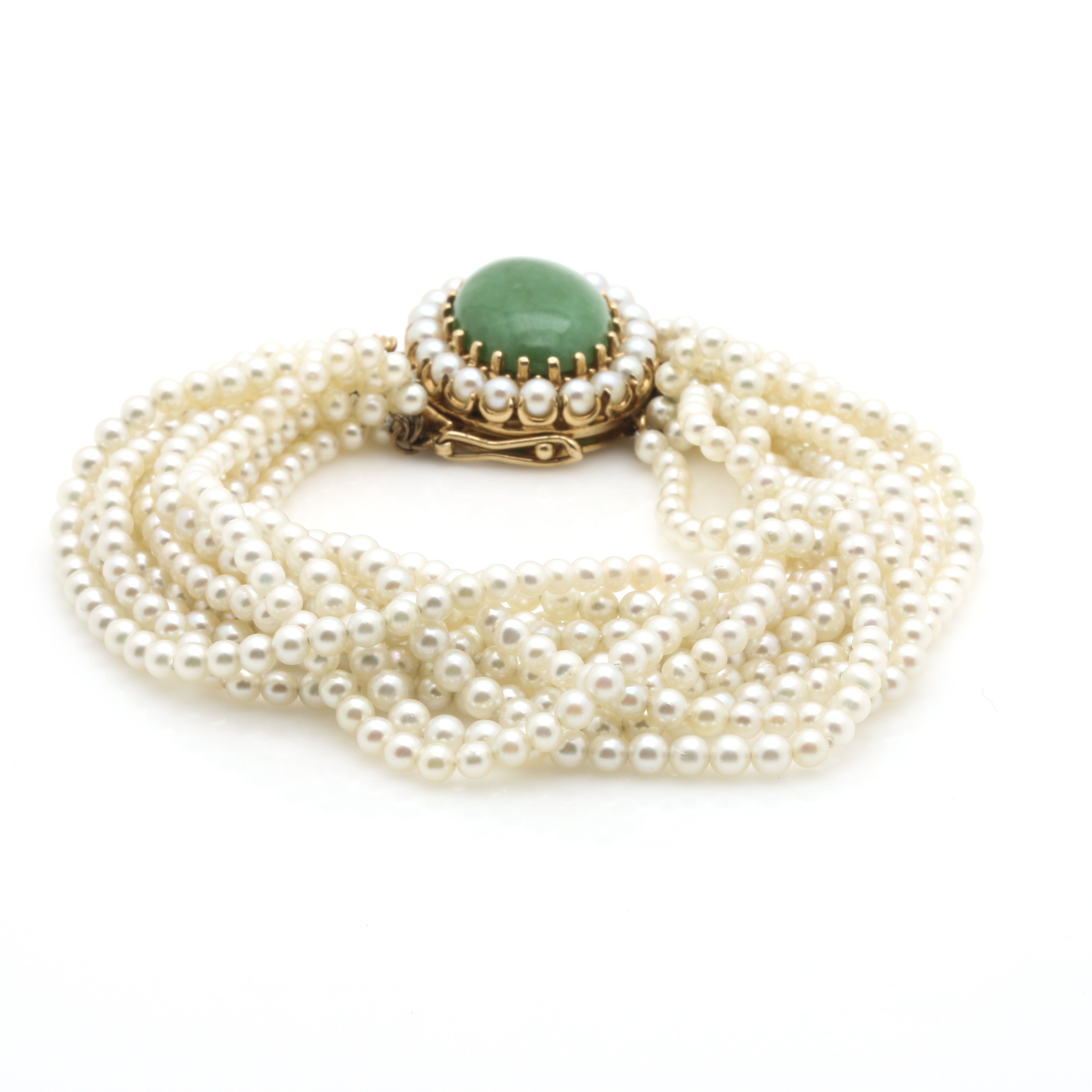 14K Yellow Gold Jadeite and Multi-Strand Cultured Pearl Bracelet