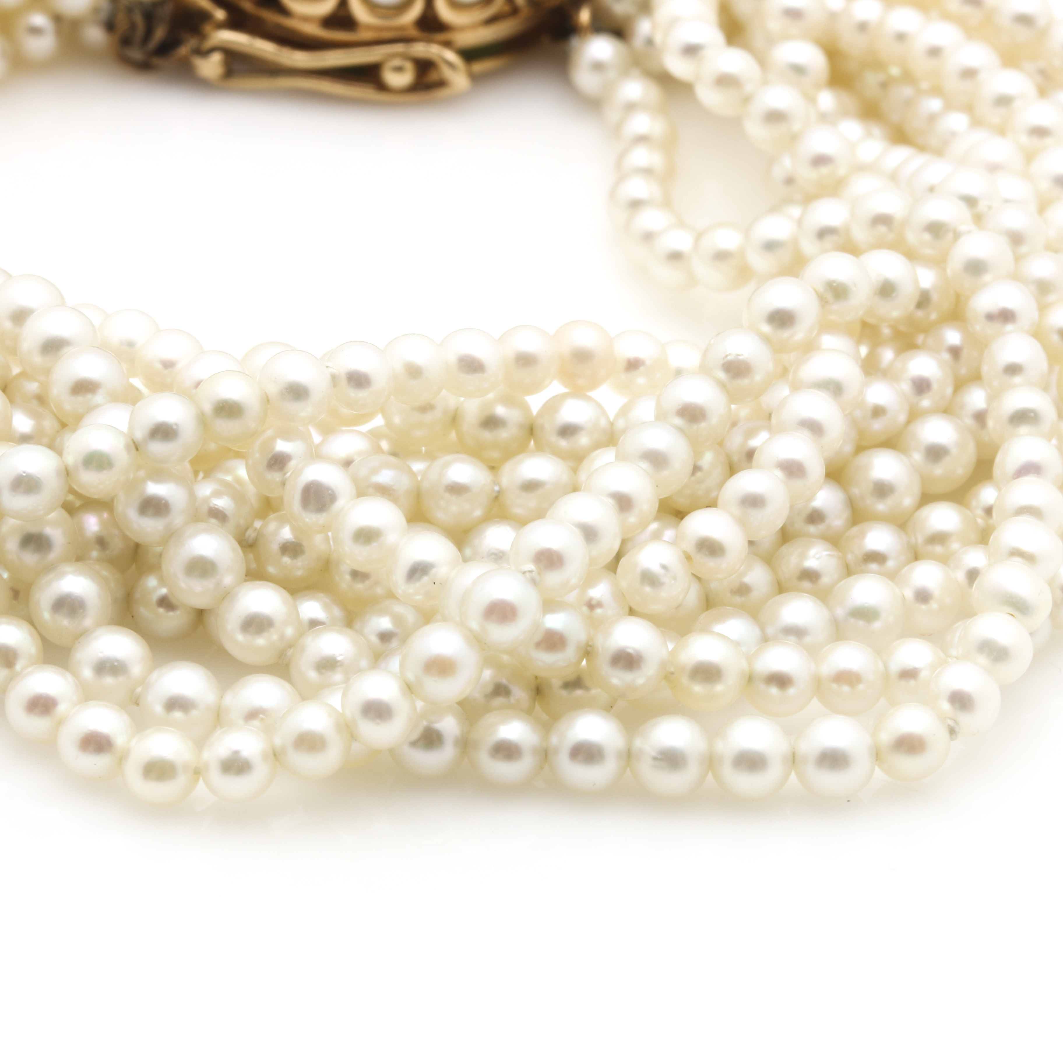 14K Yellow Gold Jadeite and Multi-Strand Cultured Pearl Bracelet