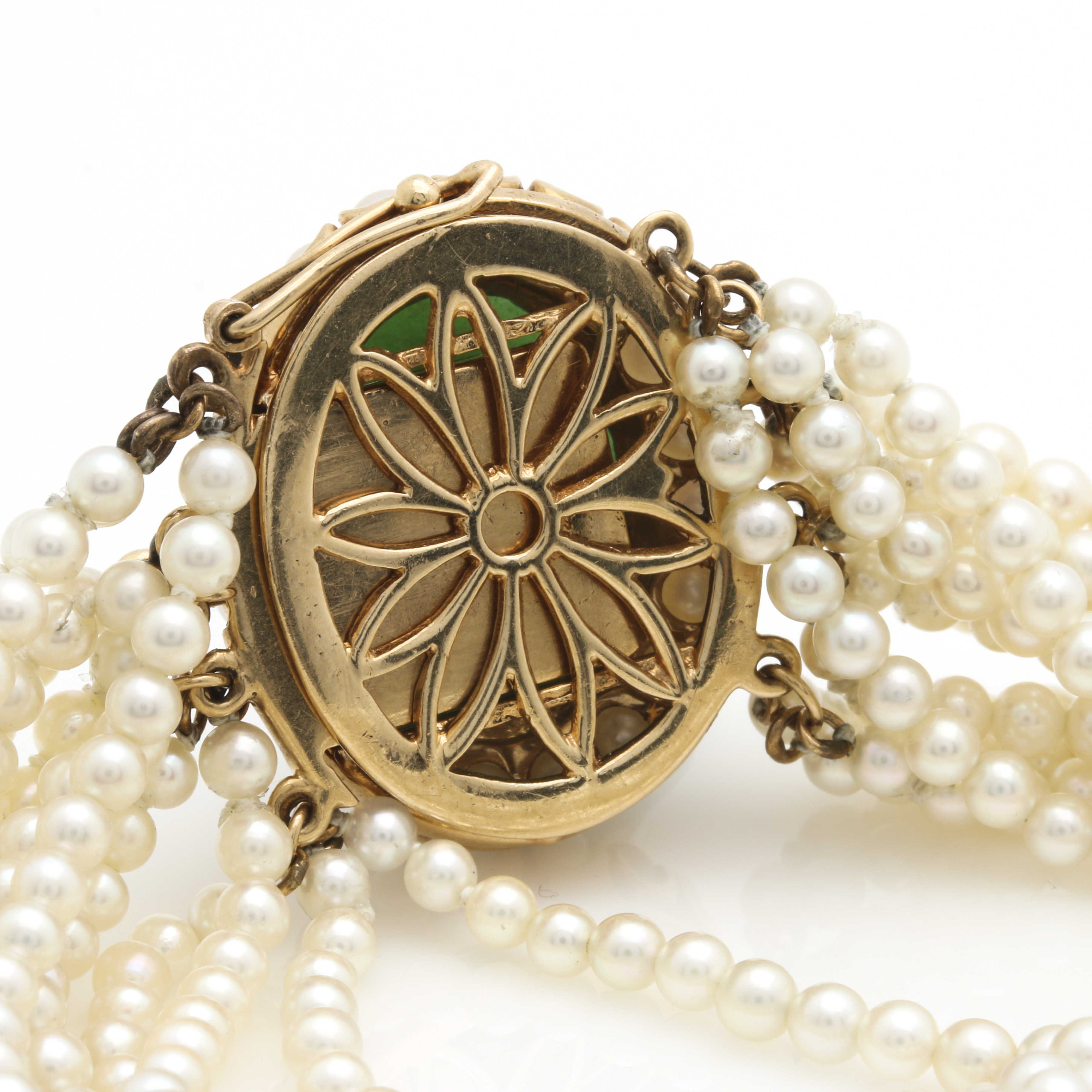 14K Yellow Gold Jadeite and Multi-Strand Cultured Pearl Bracelet