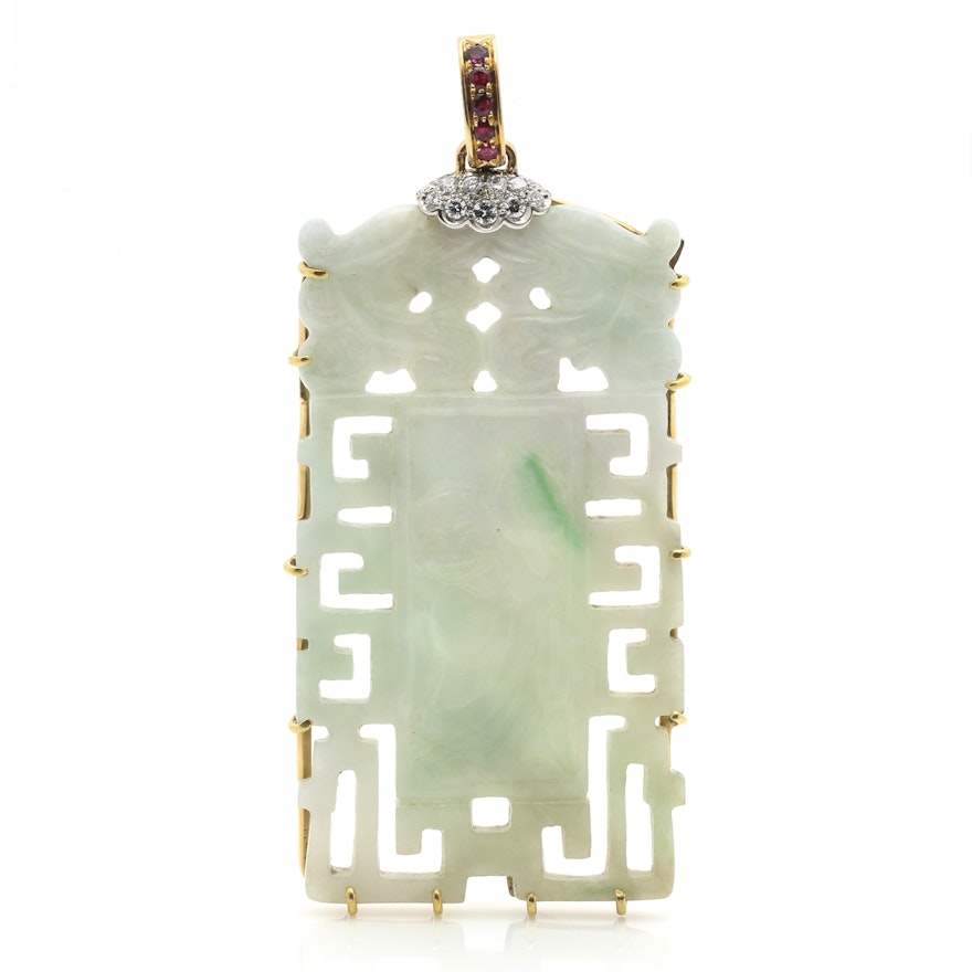 18K Two-Tone Gold Jadeite, Diamond, and Ruby Chinese Style Longevity Pendant