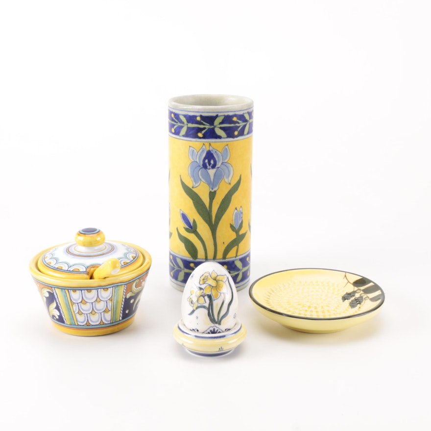 Hand-Painted Yellow and Blue Ceramics Including Delft