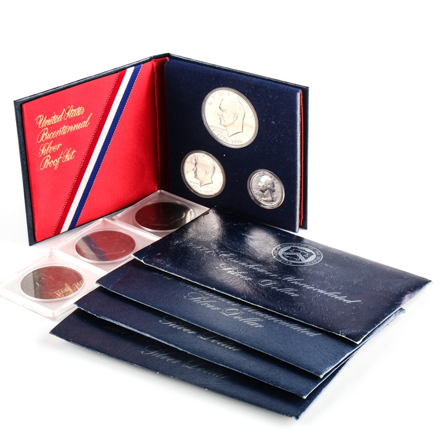 1976 Bicentennial Silver Proof Set and Uncirculated Silver Eisenhower Dollars 1971-1974