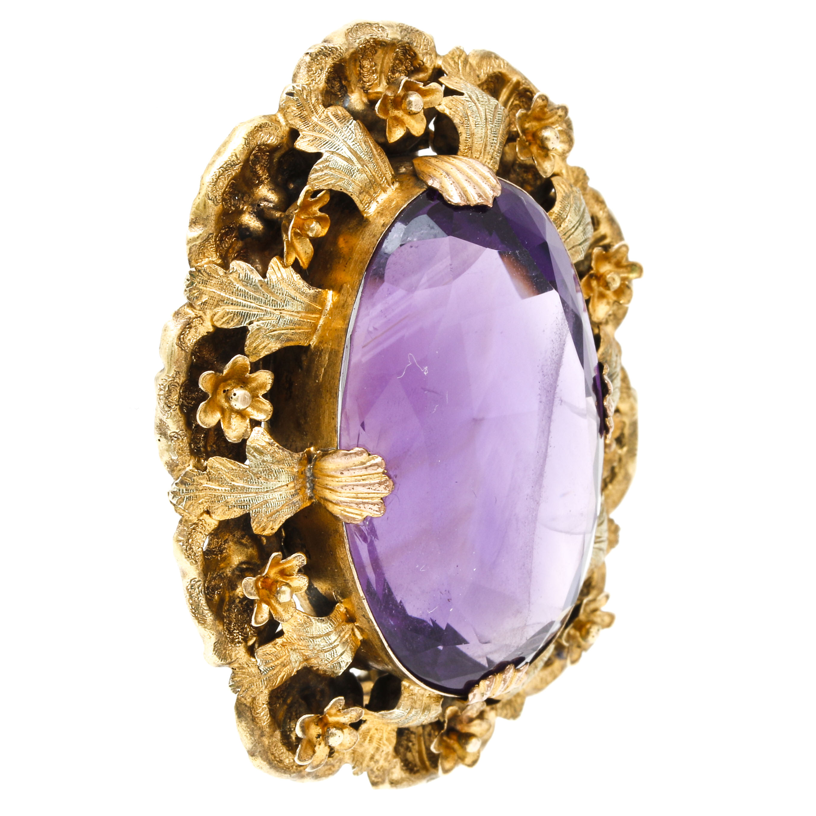 Vintage Victorian Style 14K Yellow Gold and Gold Tone 45.20 CT Amethyst Floral Brooch