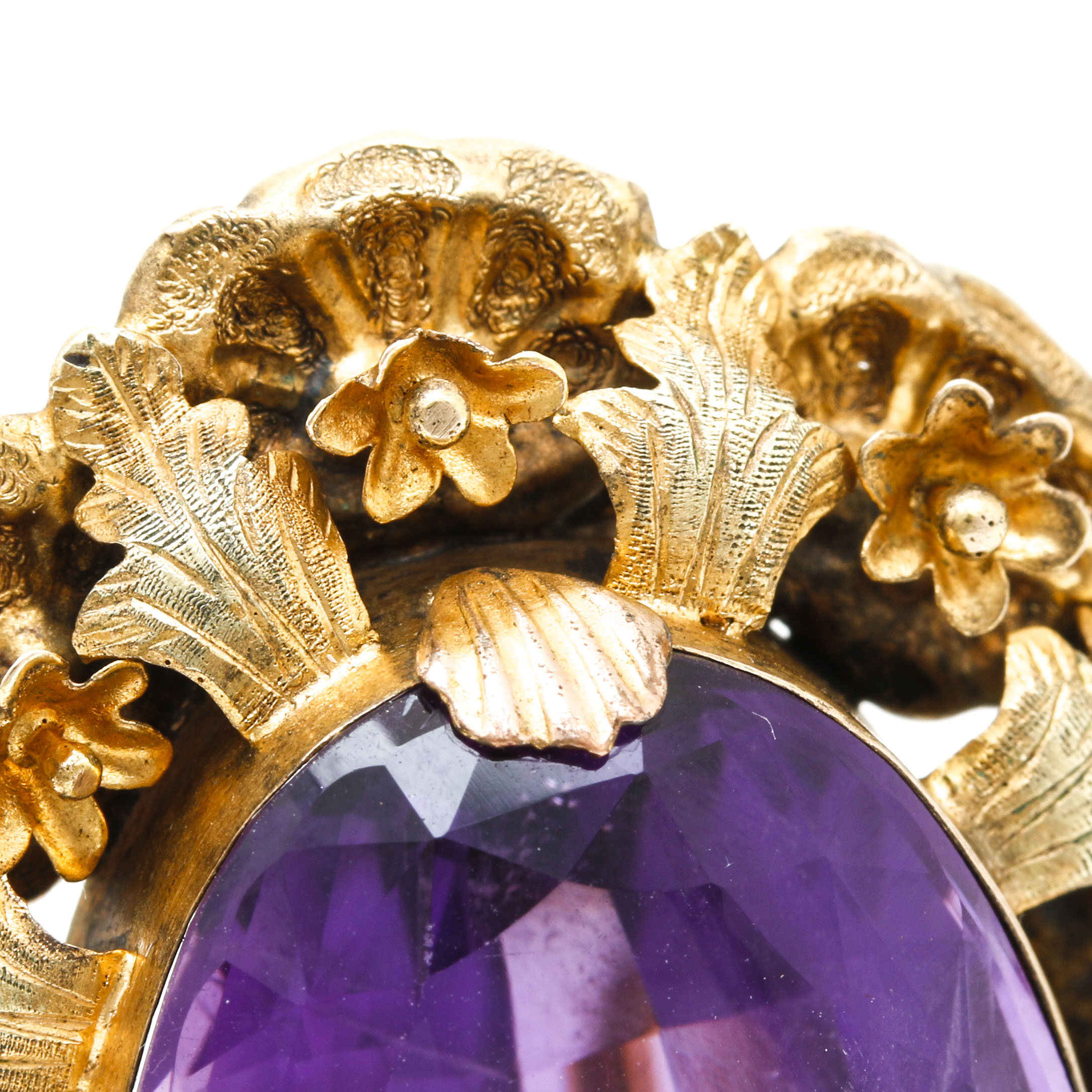 Vintage Victorian Style 14K Yellow Gold and Gold Tone 45.20 CT Amethyst Floral Brooch