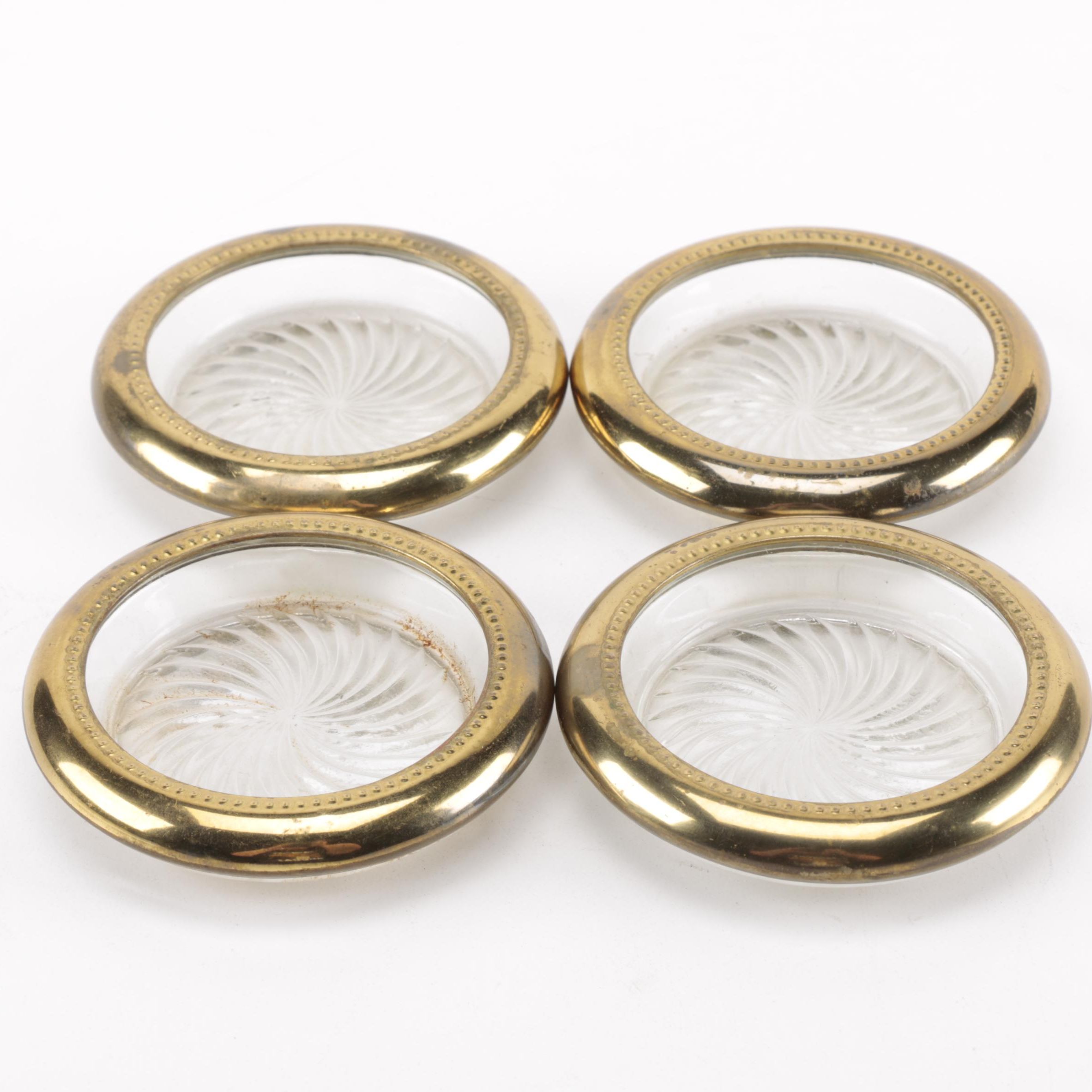 Set of Four Gold Tone Metal Accented Glass Coasters
