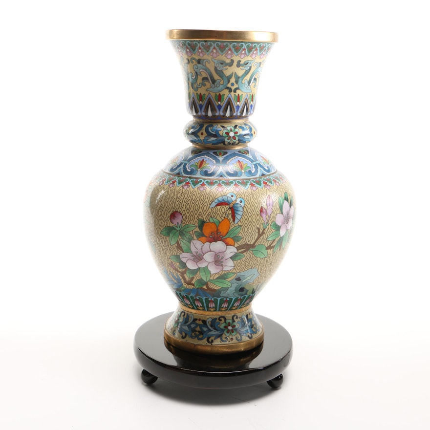 Chinese Cloisonné Brass Vase and Wooden Stand