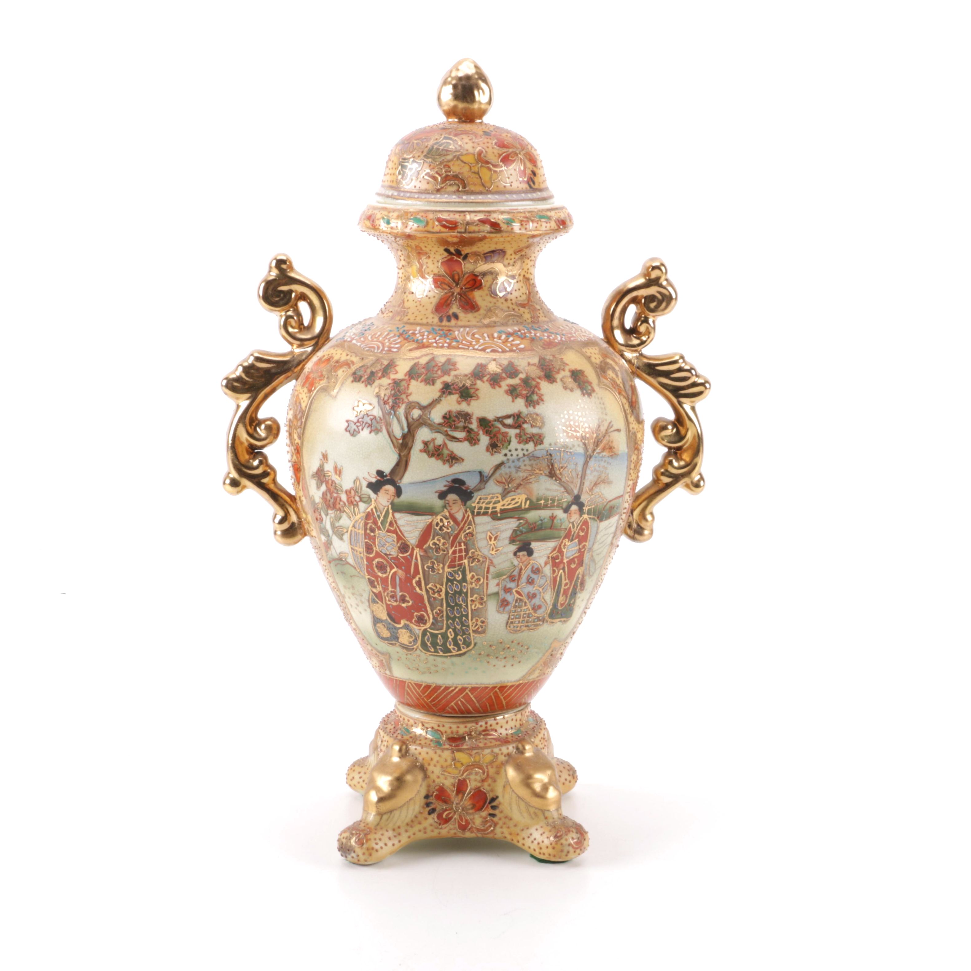 Lidded Chinese Satsuma Style Gilt Accented Urn