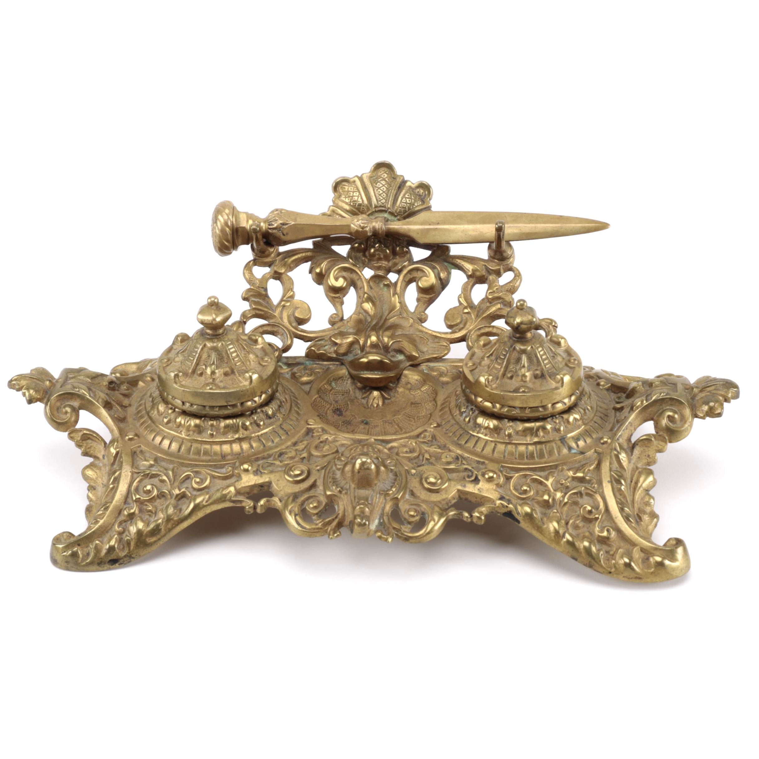 Brass Double Inkwell With Letter Opener