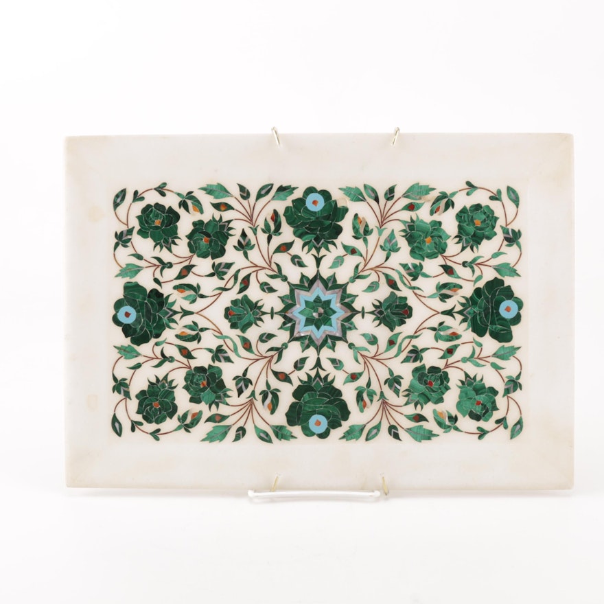Marble Tray With Malachite and Mother of Pearl Inlay