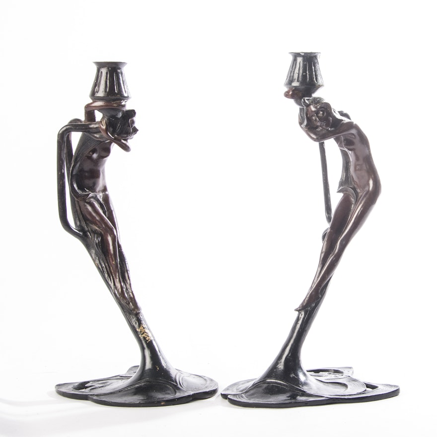 Museum of Modern Art Art Deco Style Nude Bronze Candle Holders