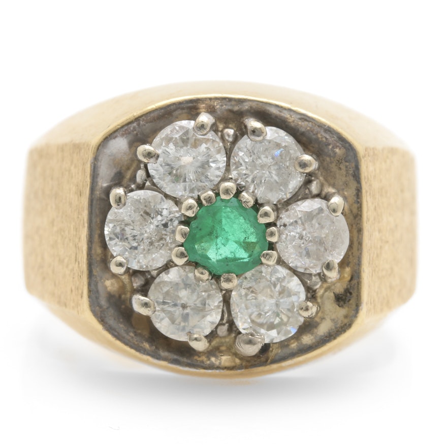 10K and 14K Gold Emerald and 1.50 CTW Diamond Floral Signet Ring