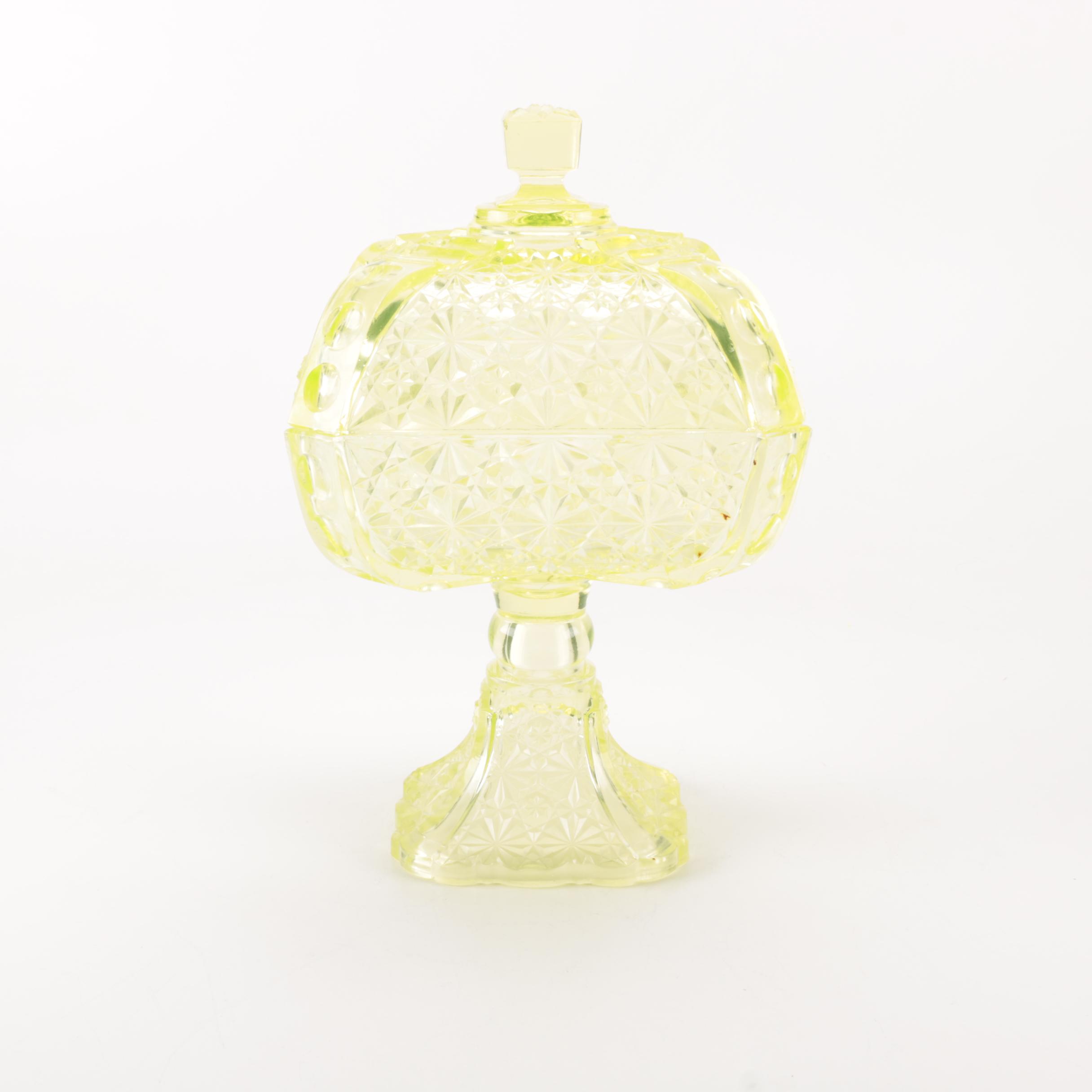 Vintage Green Vaseline Glass Lidded Compote