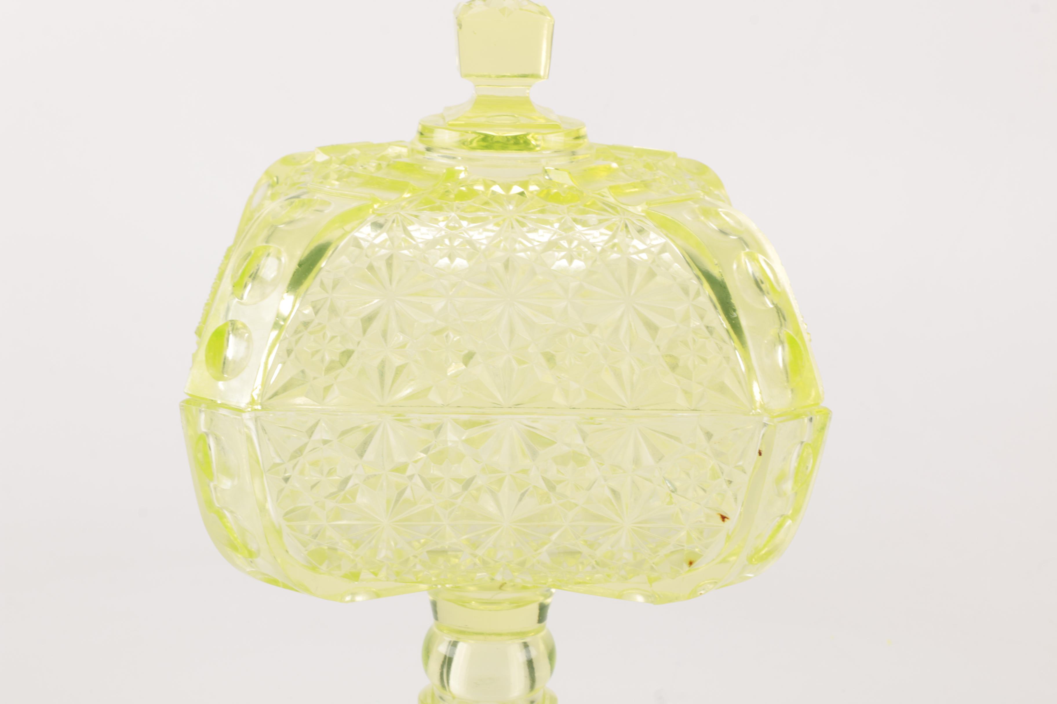 Vintage Green Vaseline Glass Lidded Compote