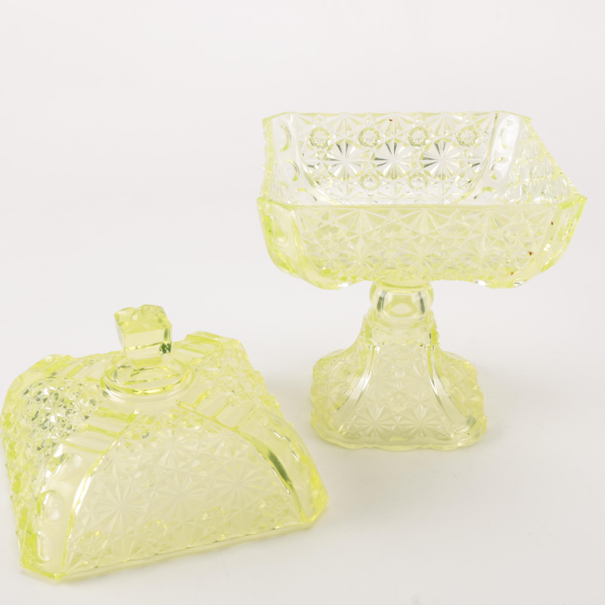 Vintage Green Vaseline Glass Lidded Compote