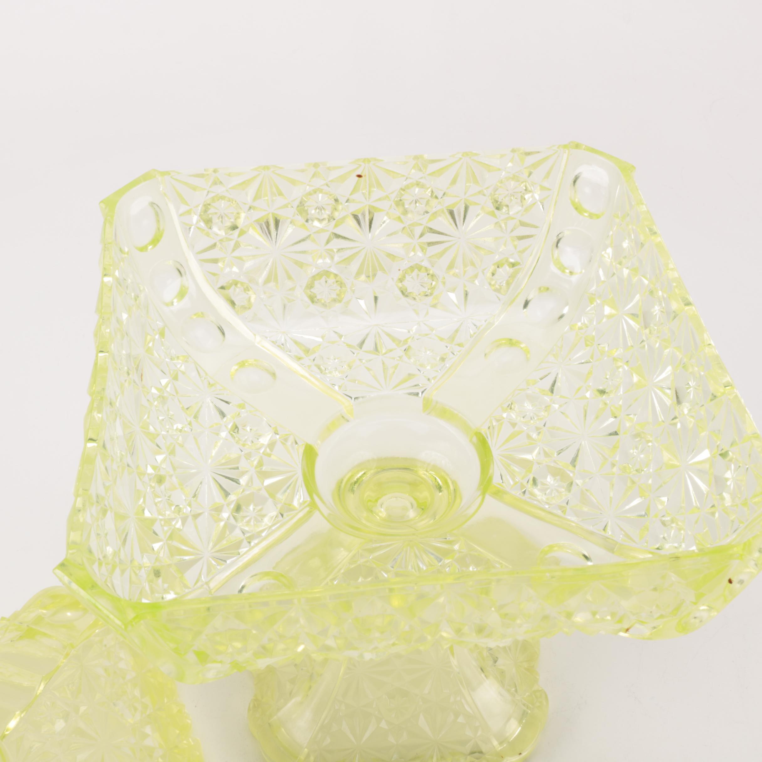Vintage Green Vaseline Glass Lidded Compote